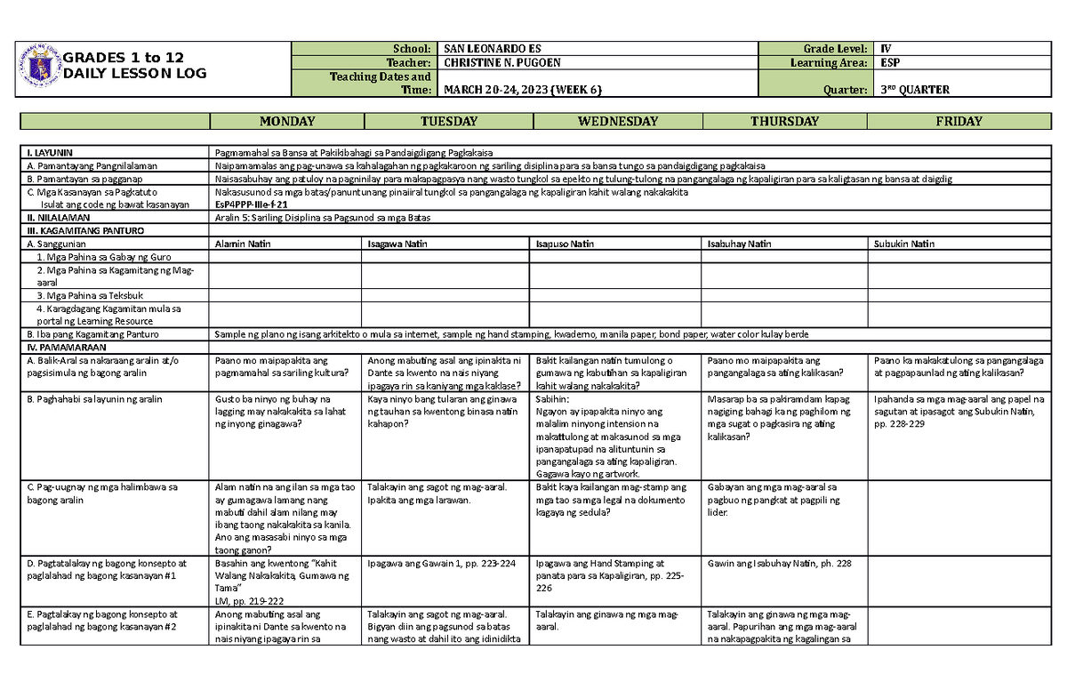DLL ESP 4 Q3 W6 - non teaching - GRADES 1 to 12 DAILY LESSON LOG School ...