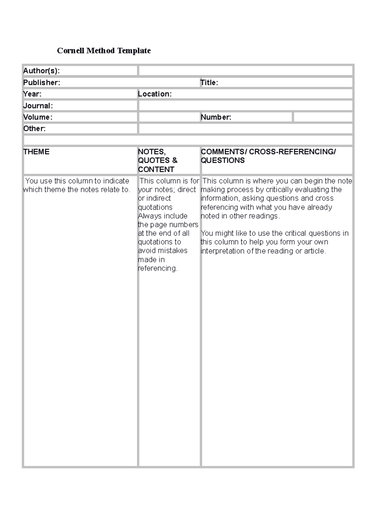 Cornell Method Template Cornell Method Template Author(s) Publisher