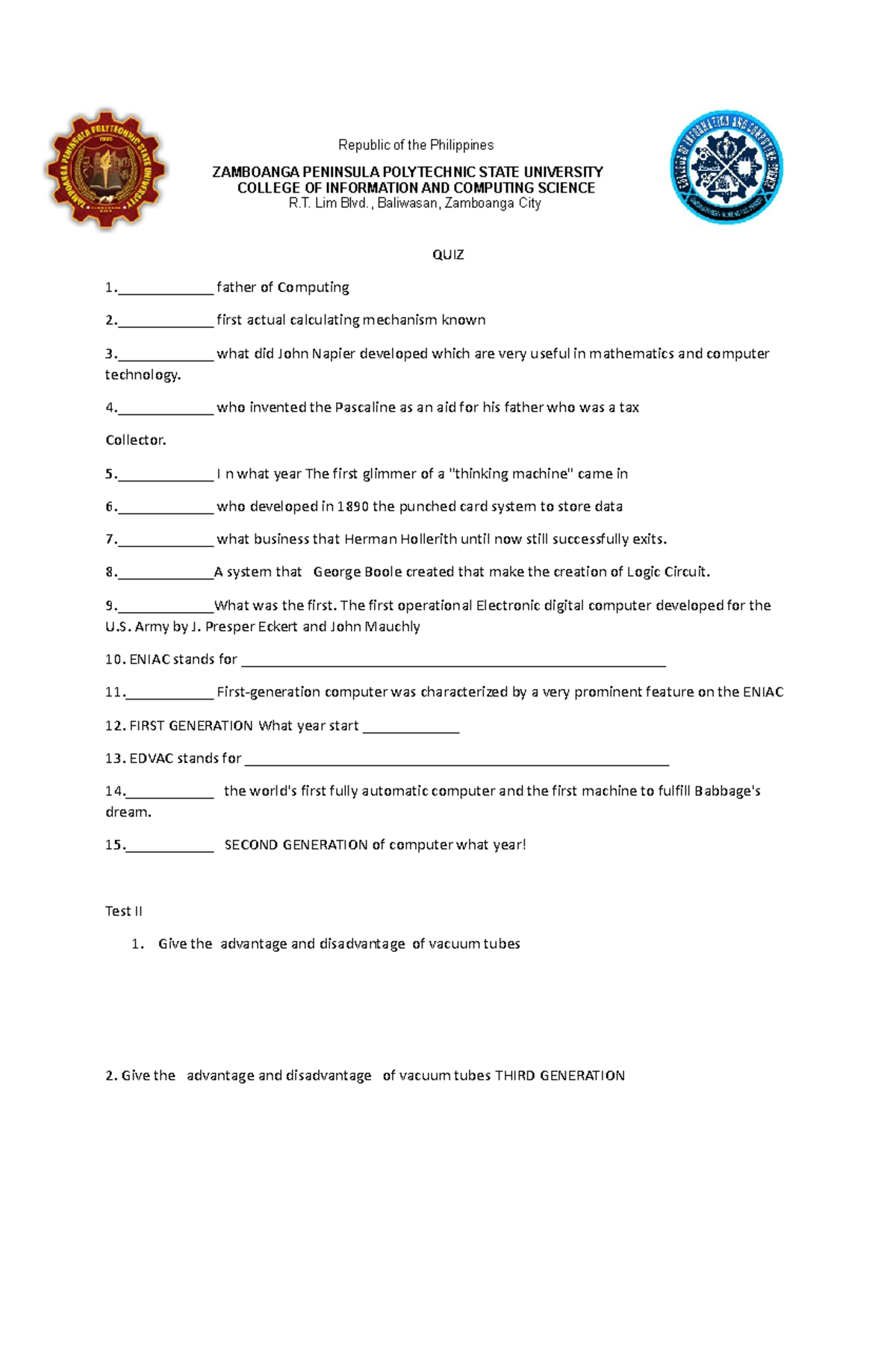 Quiz Quiz Republic of the Philippines ZAMBOANGA PENINSULA