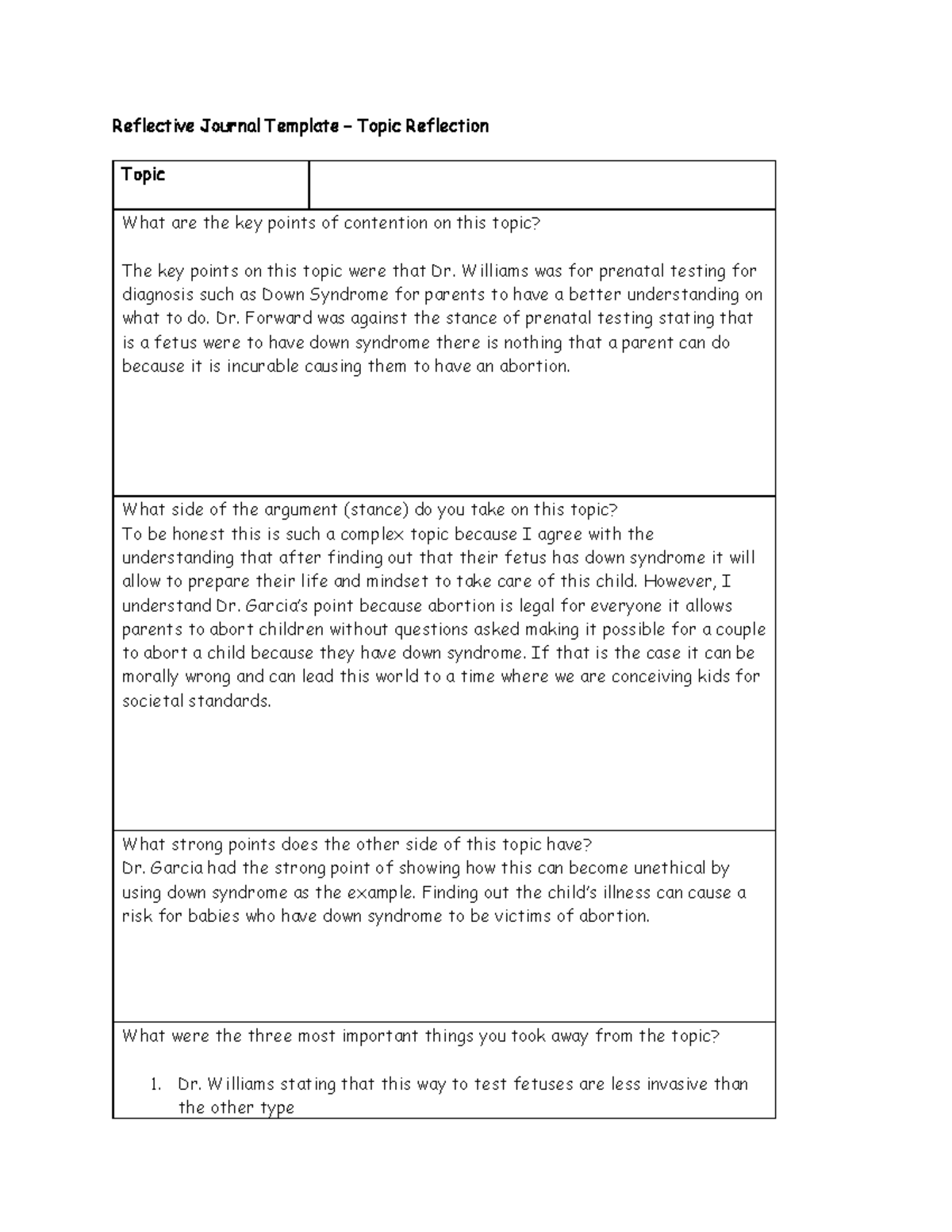 Reflective Journal Template - Williams was for prenatal testing for diagnosis such as Down ...