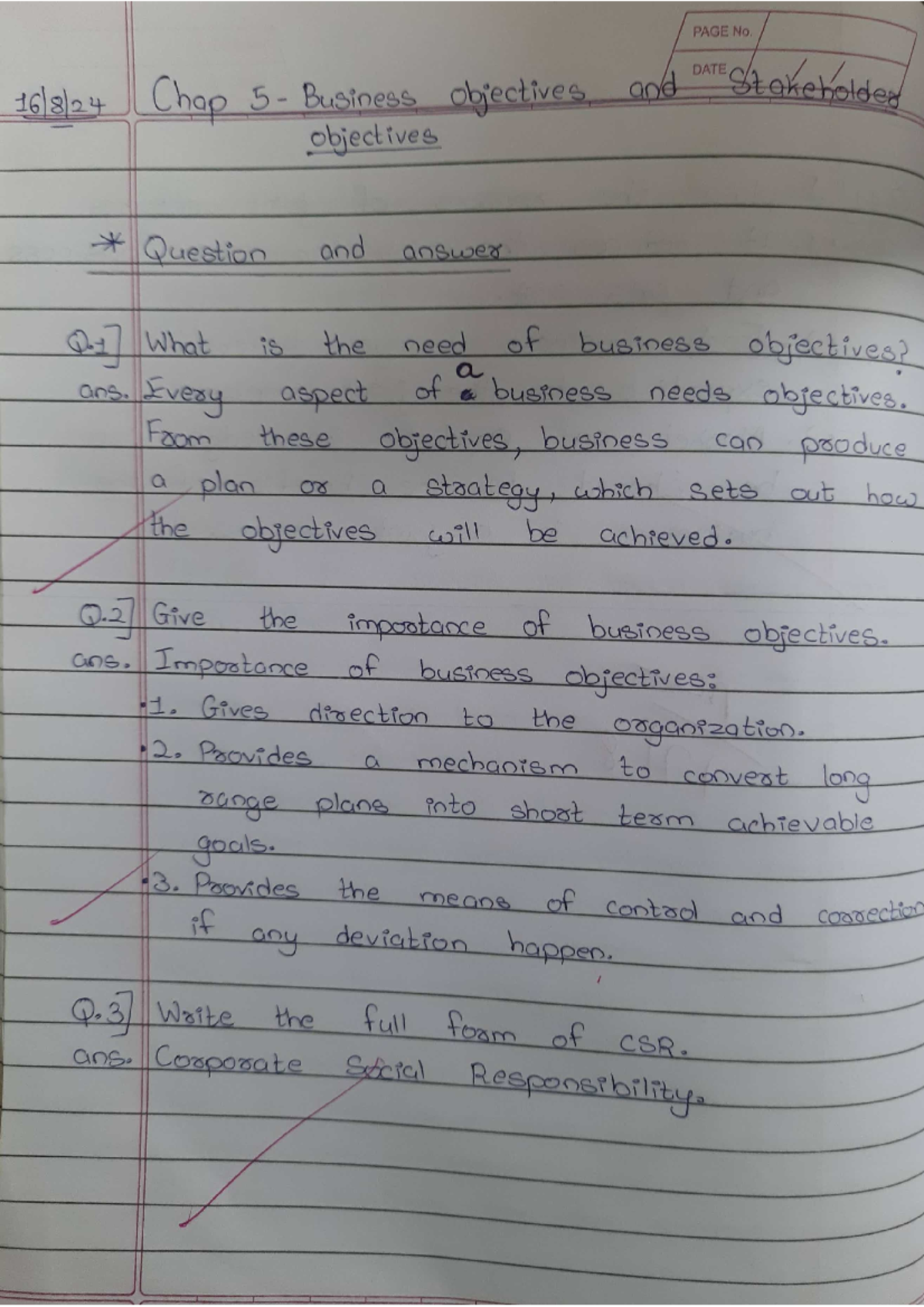 BS ch 5 notes Q1 to Q16 - bs notse - PAGE No. DATE Chap 5 Business ...