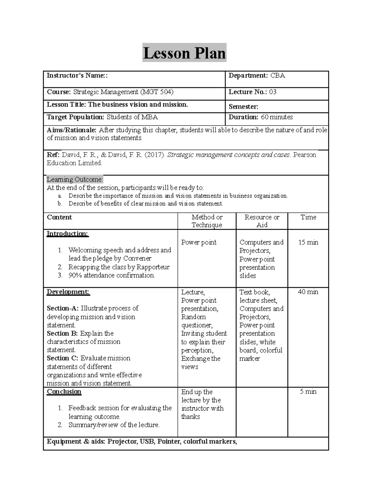 Lesson Plan Lec 03 Mgt 504 - Lesson Plan Instructor’s Name:: Department 