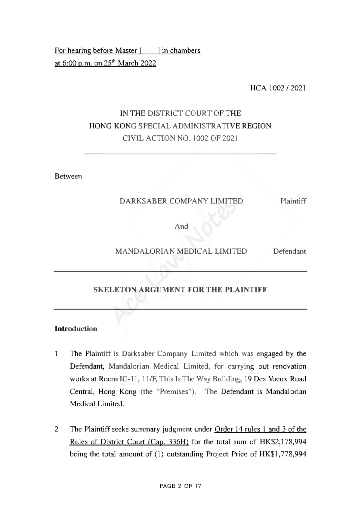 [ Extract] Civil Adv Final Assessment - For hearing before Master ...