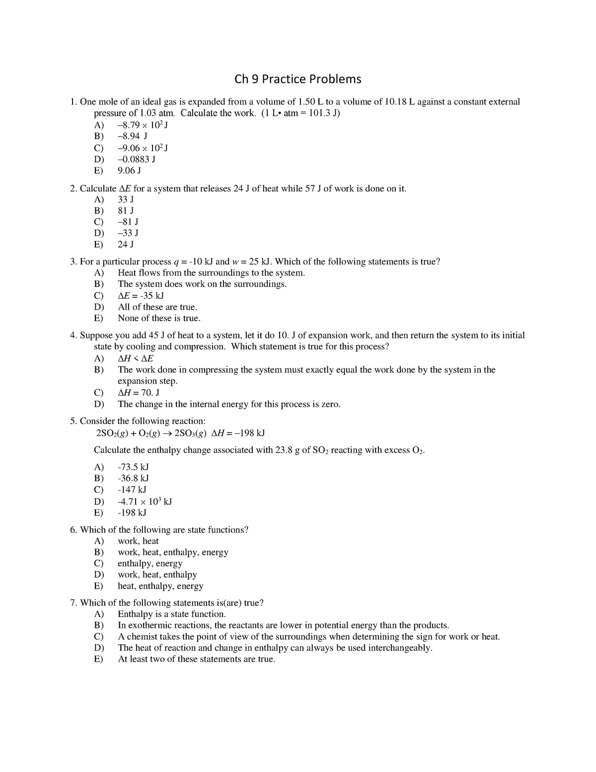 Chem 121 Chapter 9 practice test with answers Ch 9 Practice