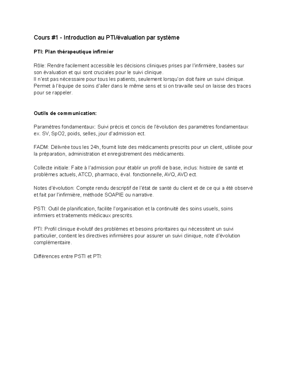 Pratique infirmière II - Révision 1 - Cours #1 - Introduction au PTI ...