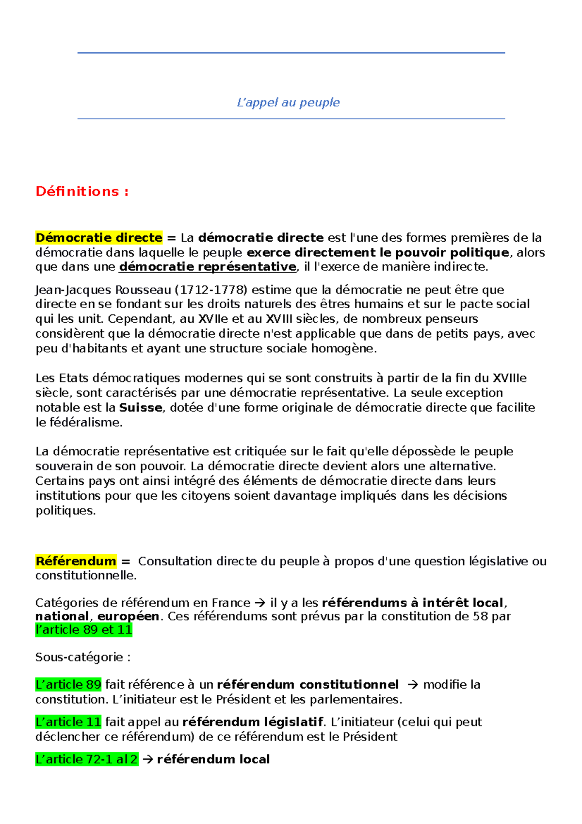 Le Référendum Sous La Vème République Dissertation TD 2, L'appel au peuple - L'appel au peuple Définitions : Démocratie  directe = La démocratie directe - Studocu