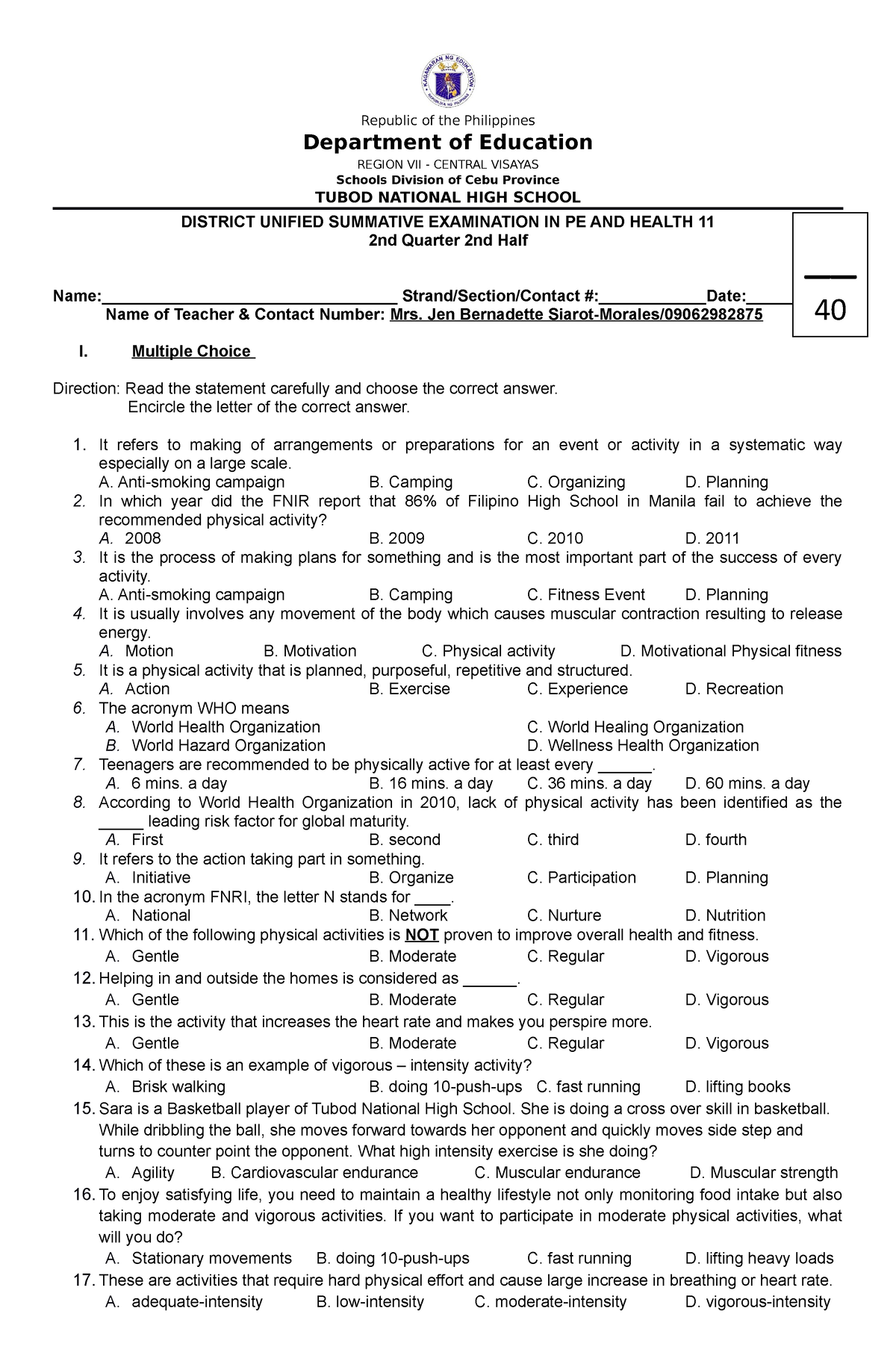 G11 Summative IN PE AND Health 2ND HALF - Republic Of The Philippines ...