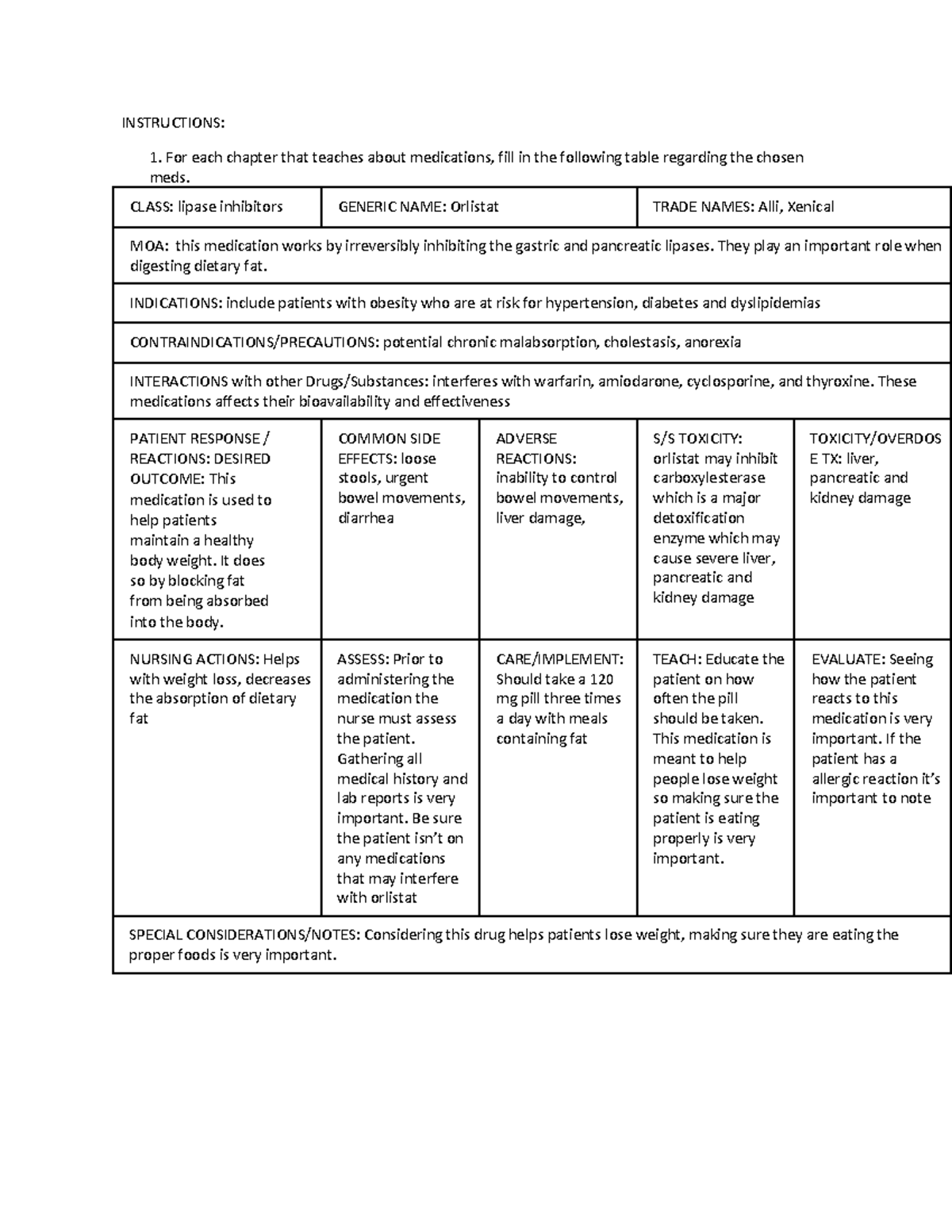 Orlistat INSTRUCTIONS For each chapter that teaches about