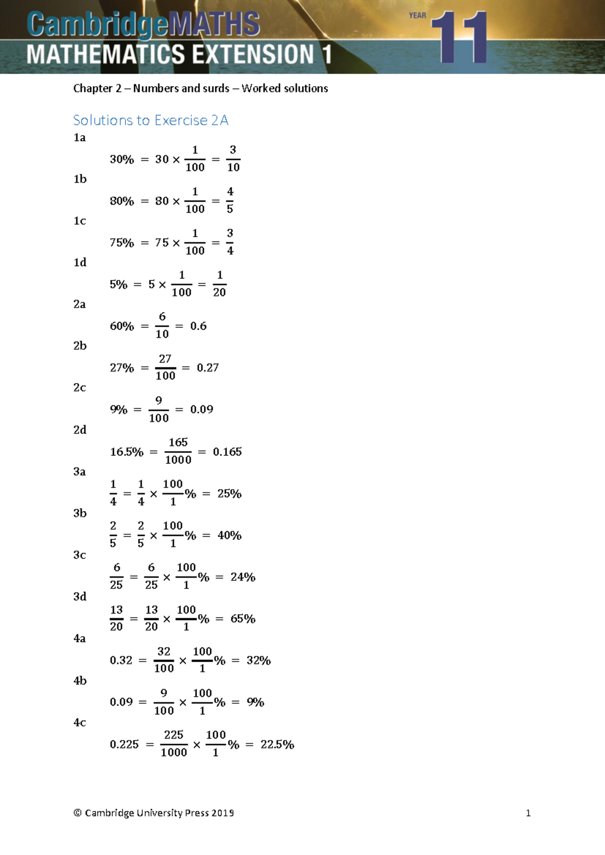 Chapter 2 worked solutions - Solutions to Exercise 2A 1a 30% = 30 × 1 ...