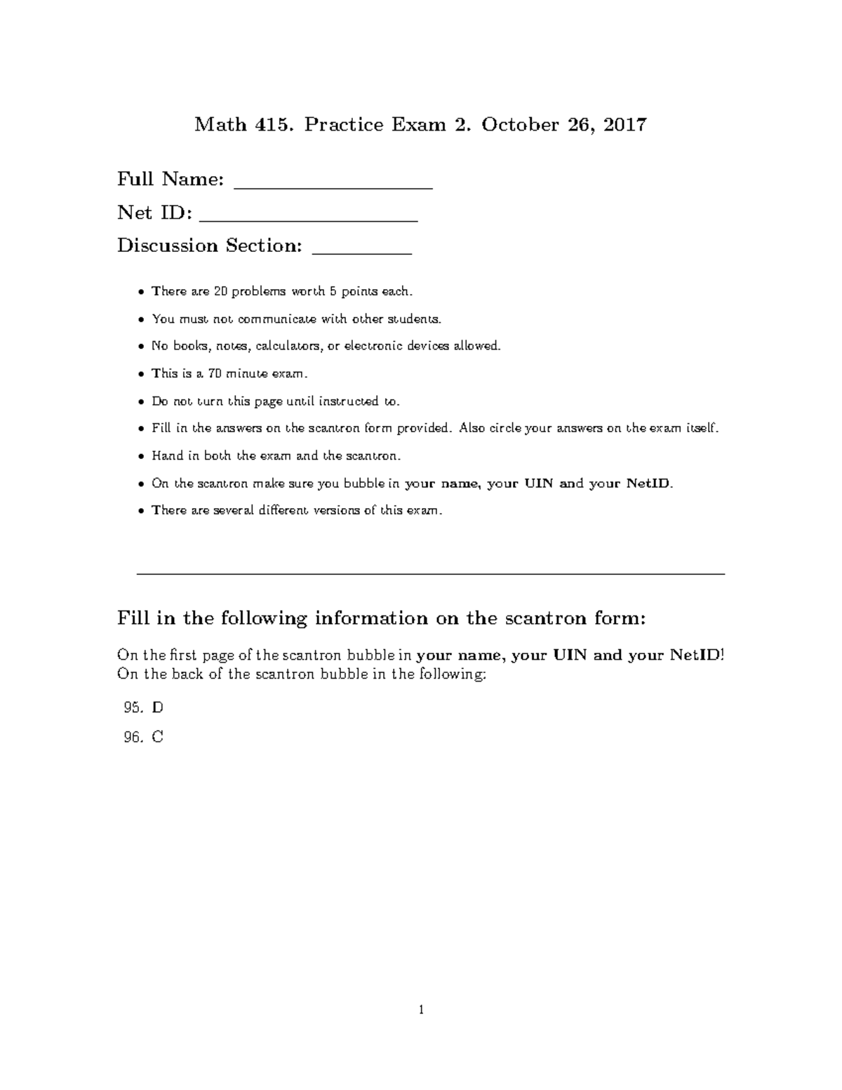 MATH415 FALL2017 Exam2 Practice Solutions Math 415. Practice Exam 2