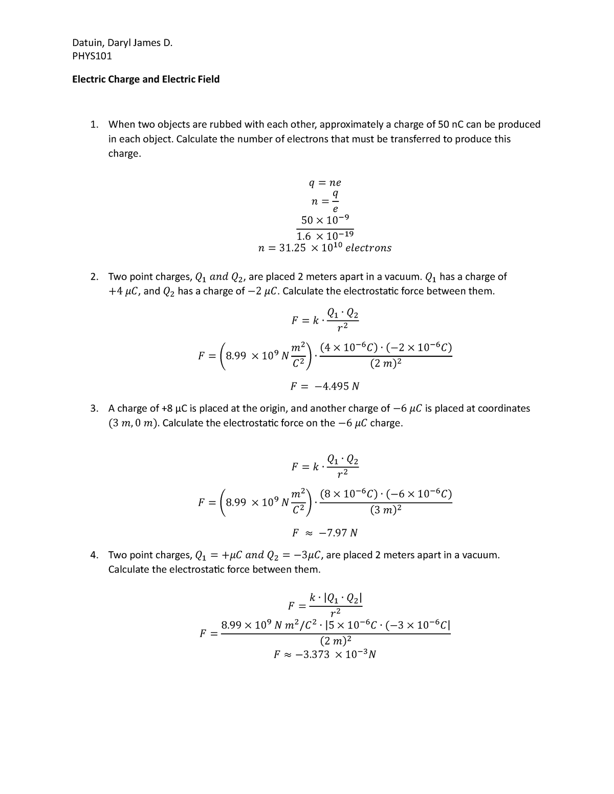 Physics Hw3 - 50 Problem Solving - Phys Electric Charge And Electric 