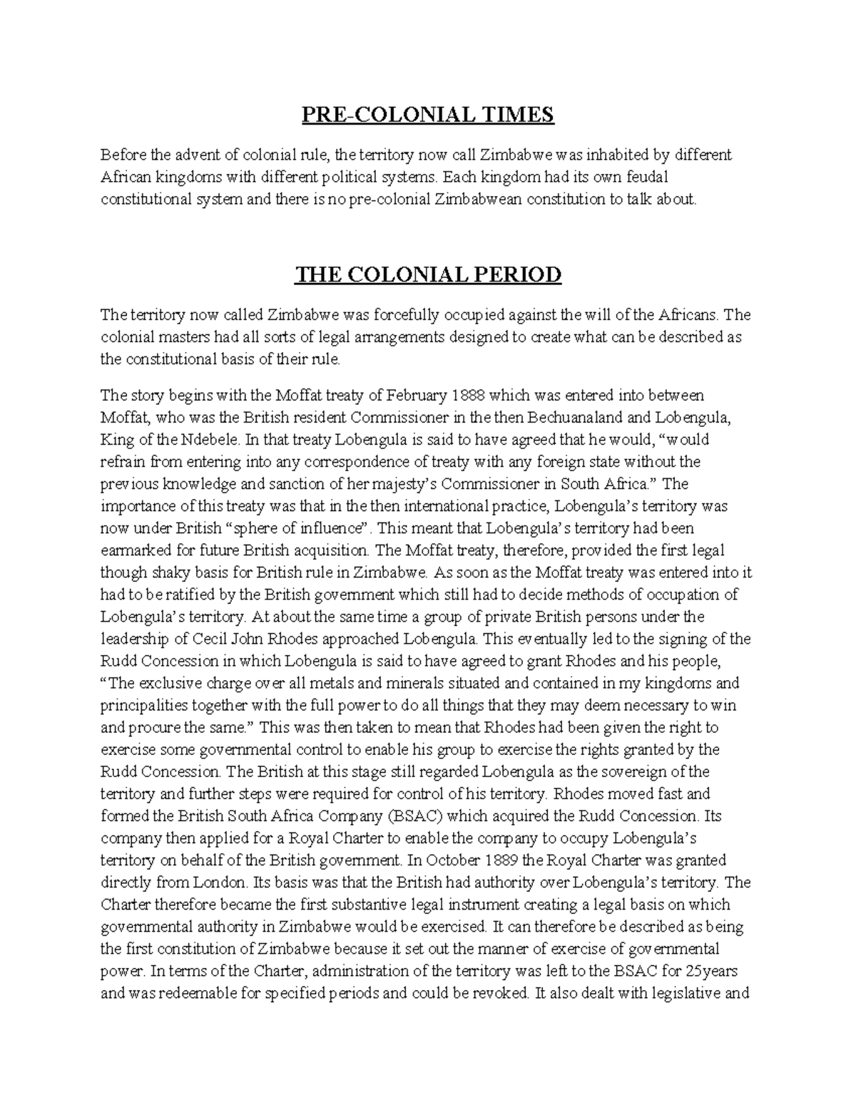3. Constitutional History OF Zimbabwe - PRE-COLONIAL TIMES Before the ...