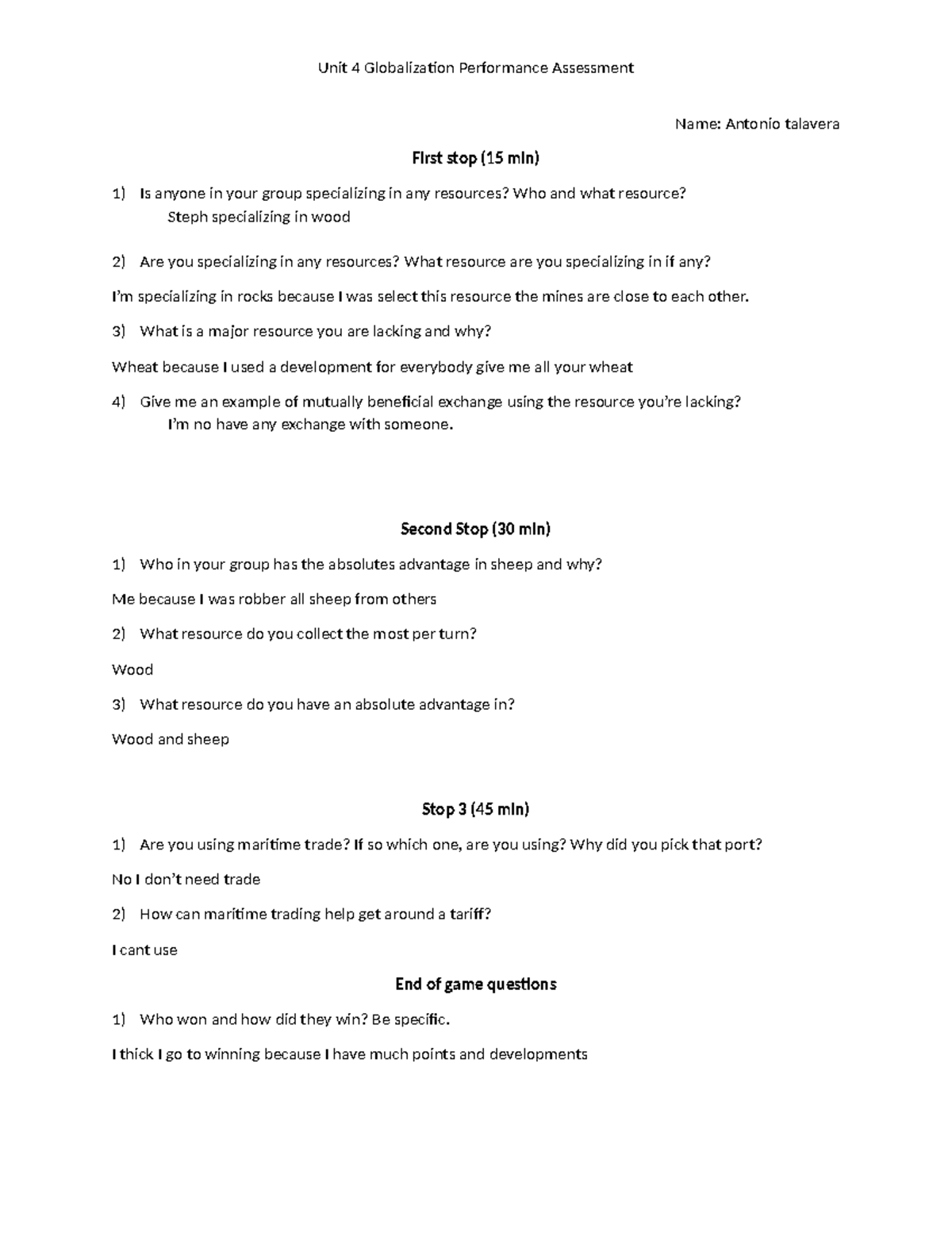 Globalization Performance Assessment 5t - Unit 4 Globalization ...