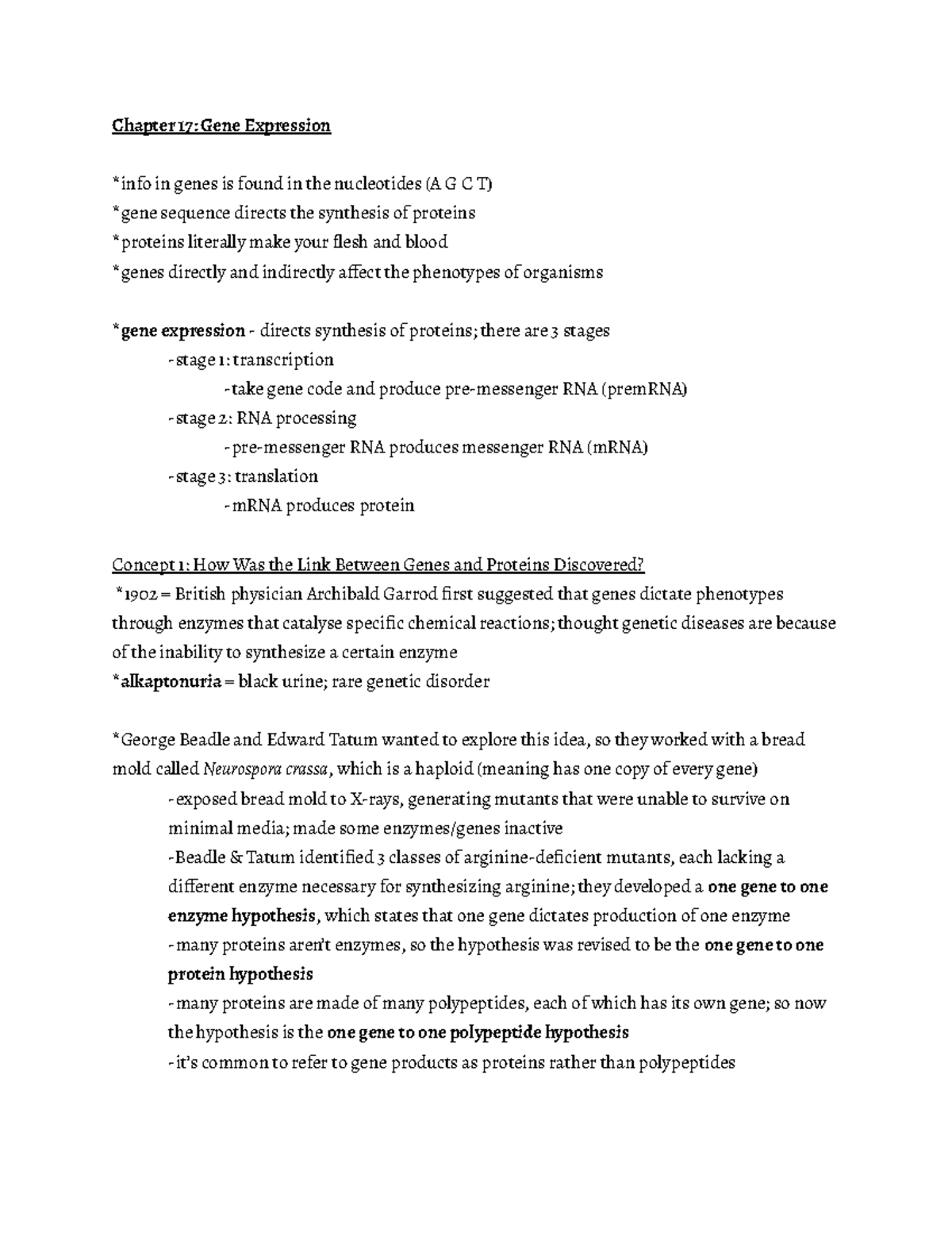 Prof Wilson Chapter 17 Notes - Chapter 17: Gene Expression *info in ...