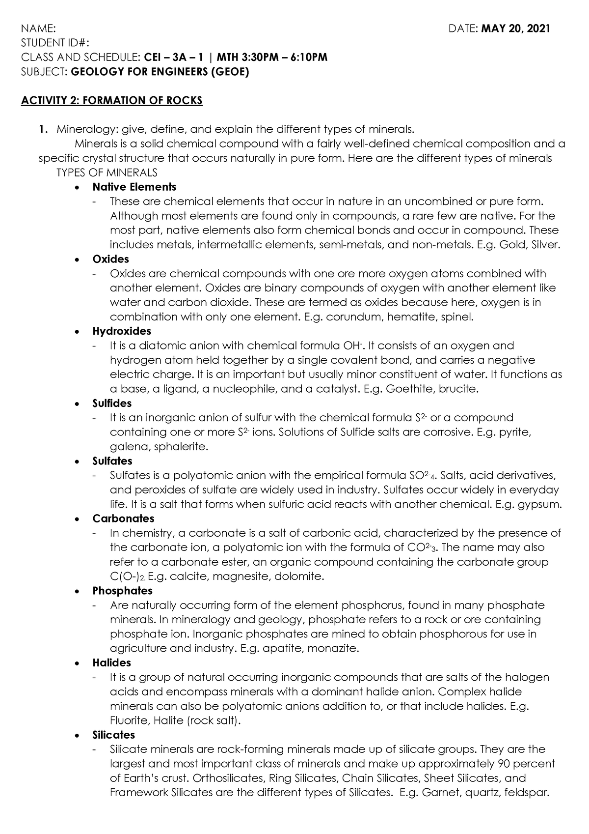 ACTIVITY 2: FORMATION OF ROCKS - NAME: DATE: MAY 20, 2021 STUDENT ID ...