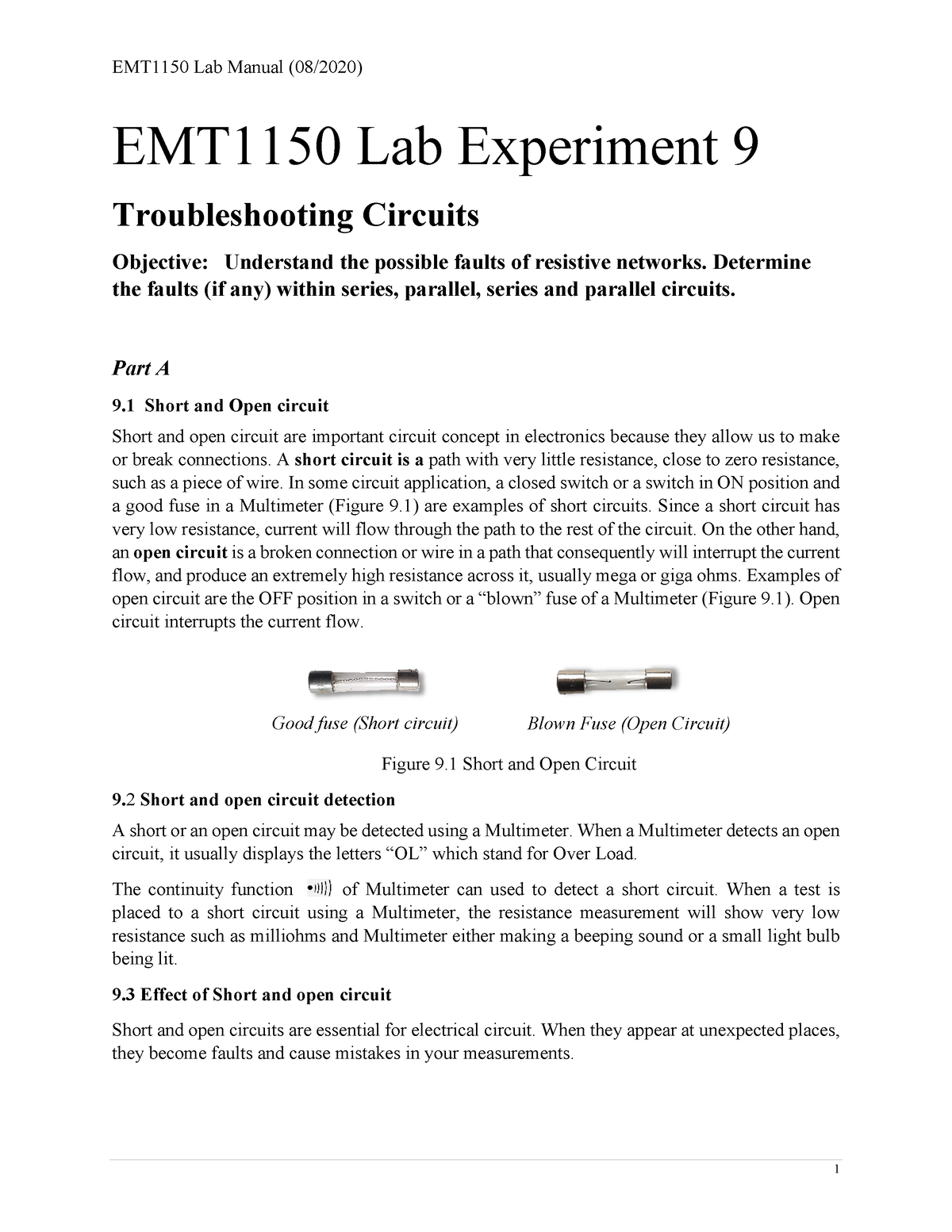 EMT1150 Lab9 - LAB TABLES - EMT1150 Lab Manual EMT1150 Lab Experiment 9 ...