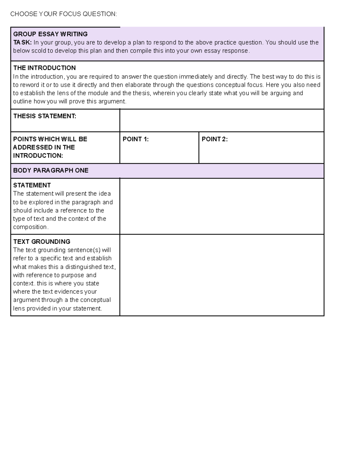 Essay writing template - CHOOSE YOUR FOCUS QUESTION: GROUP ESSAY ...
