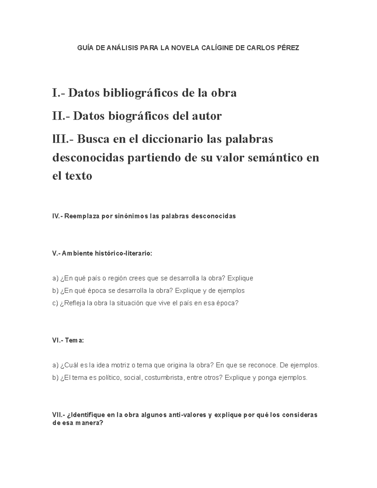 GUÍA DE Análisis PARA LA Novela Calígine DE Carlos Pérez - Español II ...