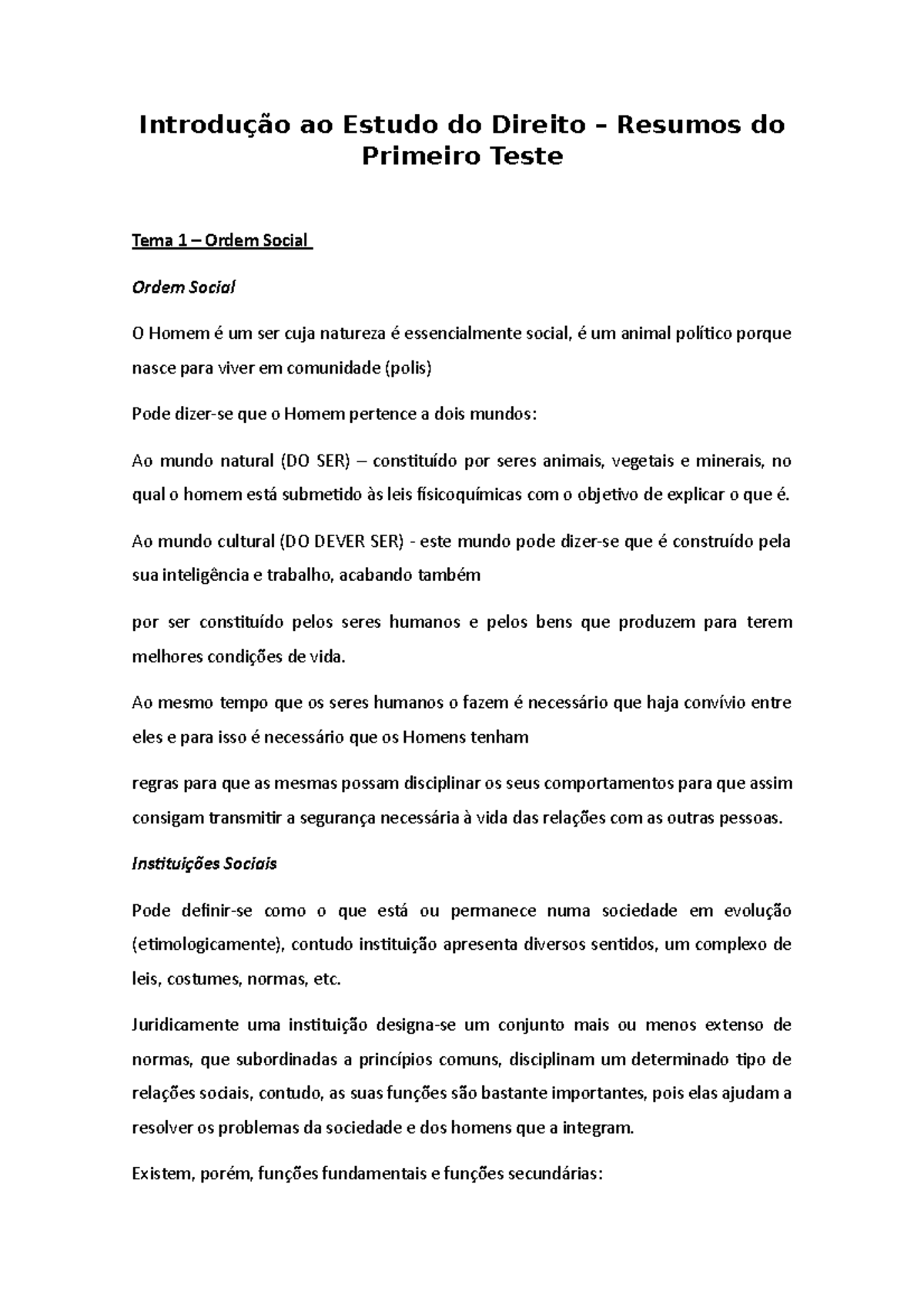 Introdução Ao Estudo Do Direito - Resumos Do 1º Teste - Introdução Ao ...