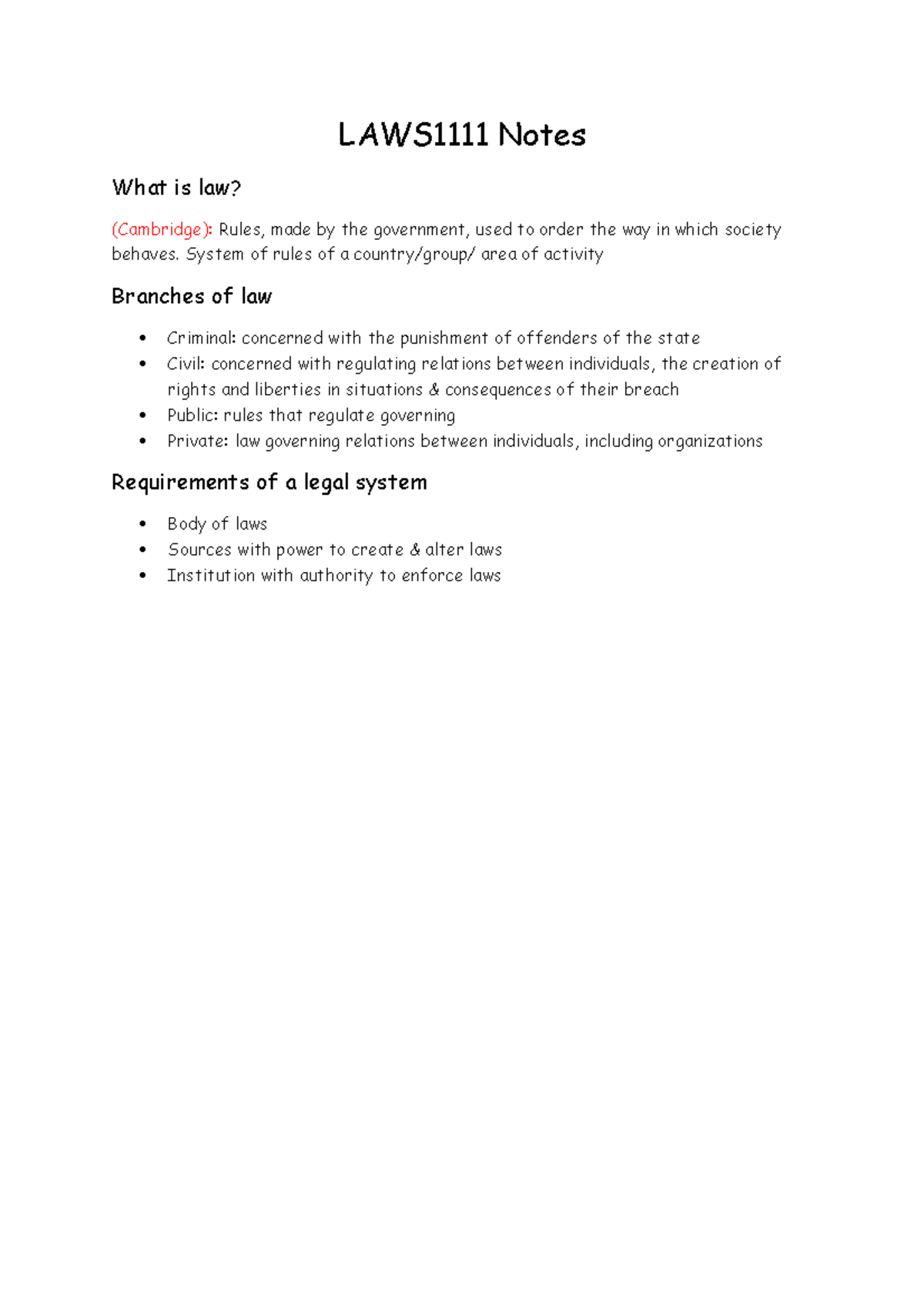LAWS1111 Lecture Notes - LAWS1111 Notes What is law? (Cambridge): Rules ...