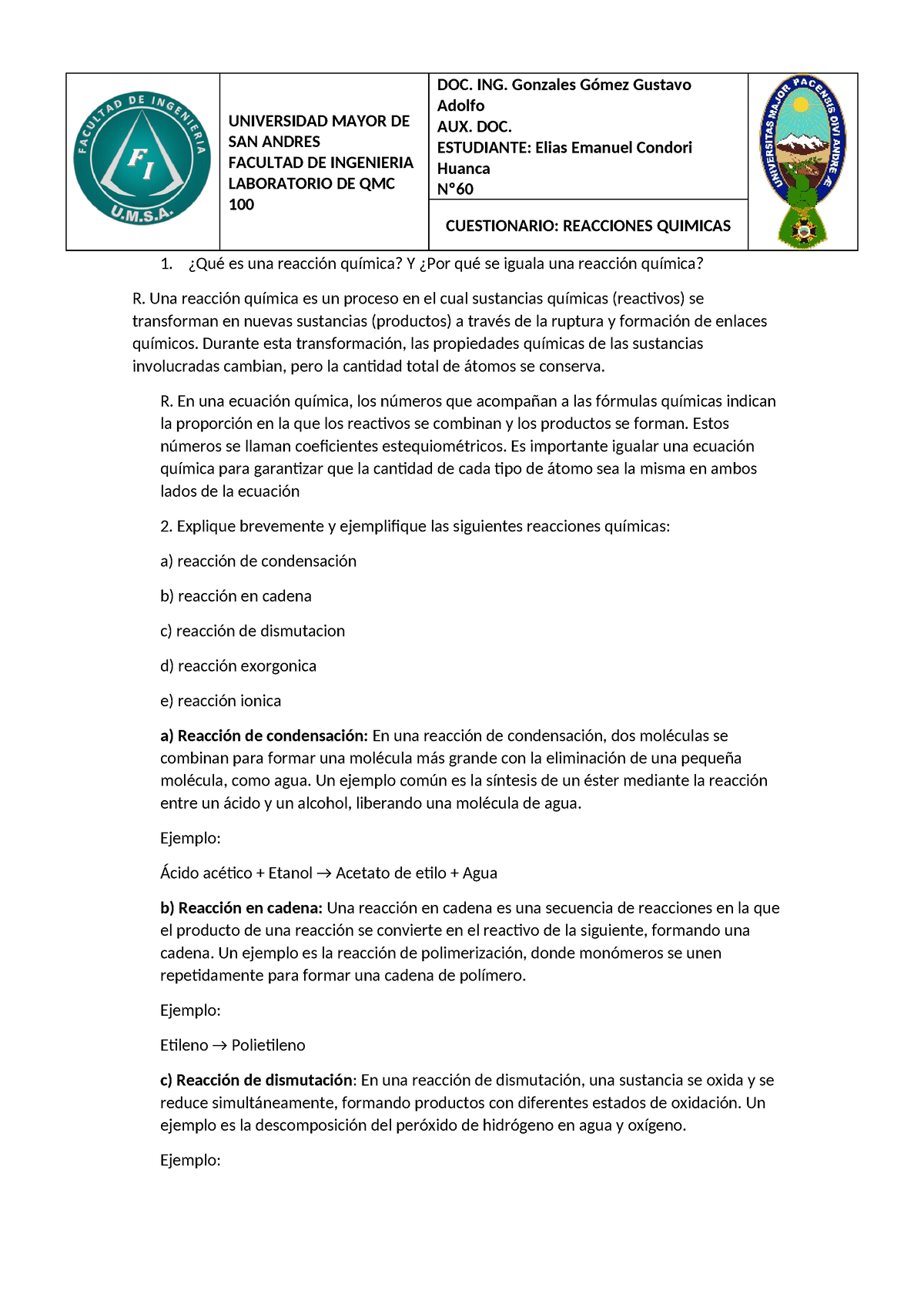 Cuestionario De Reacciones Quimicas - ¿Qué Es Una Reacción Química? Y ...