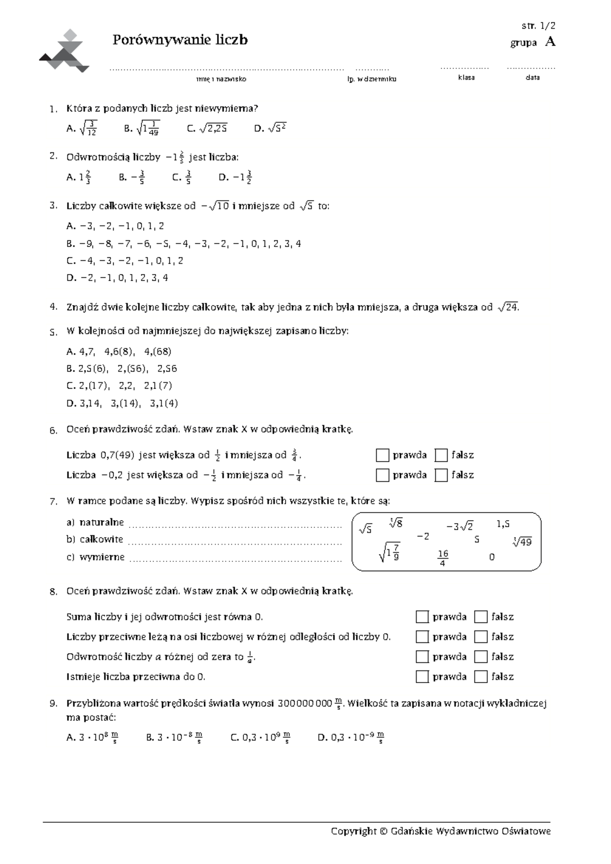 Matematyka Klasa 6 Porównywanie Liczb Wykresy Sprawdzian Chomikuj