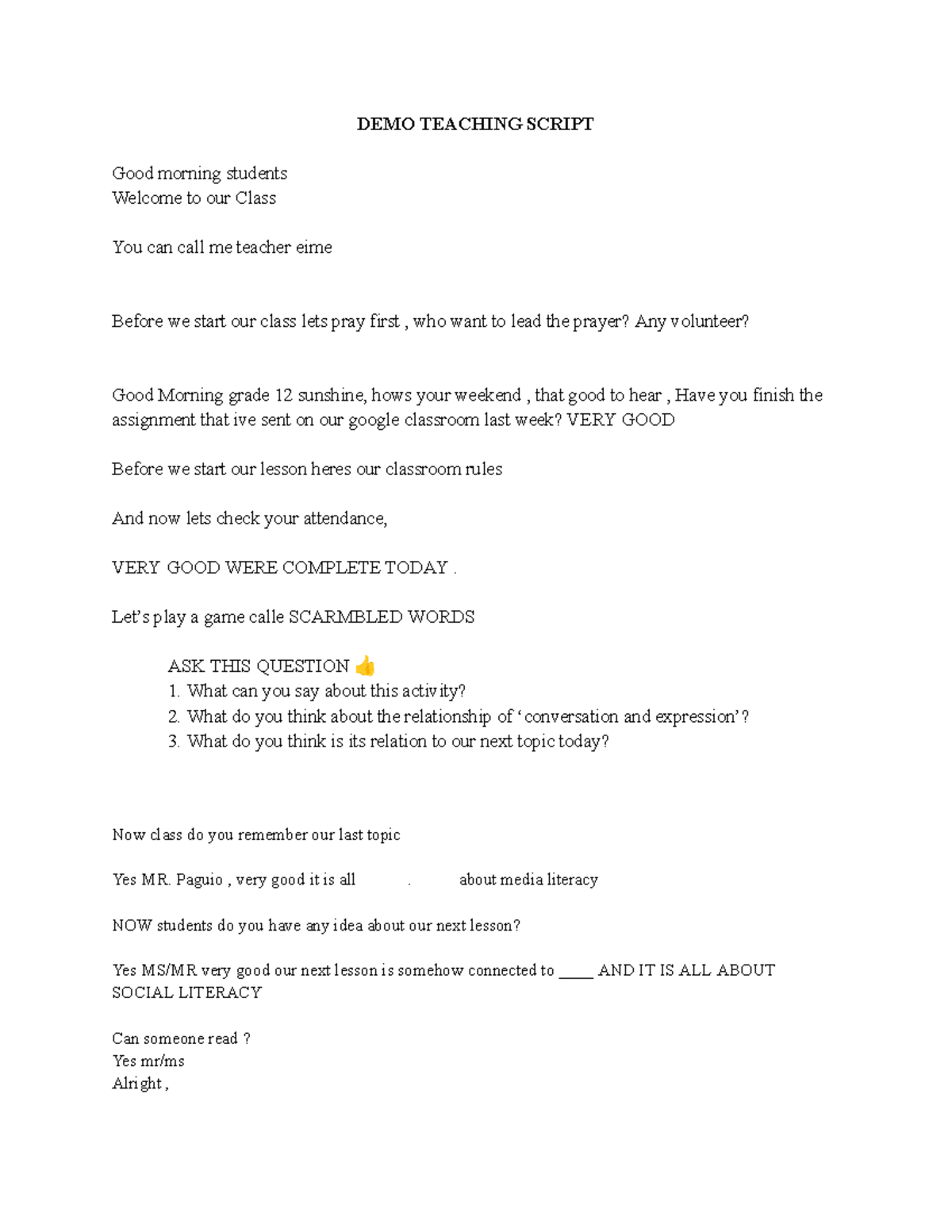 DEMO Teaching Script - klyutuytuyuyuy - DEMO TEACHING SCRIPT Good ...