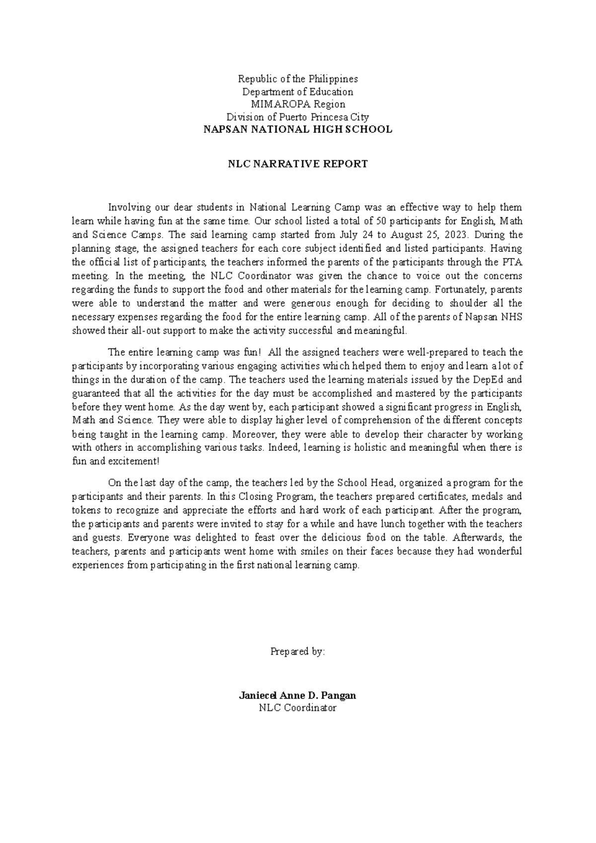 Narrative report - Republic of the Philippines Department of Education ...
