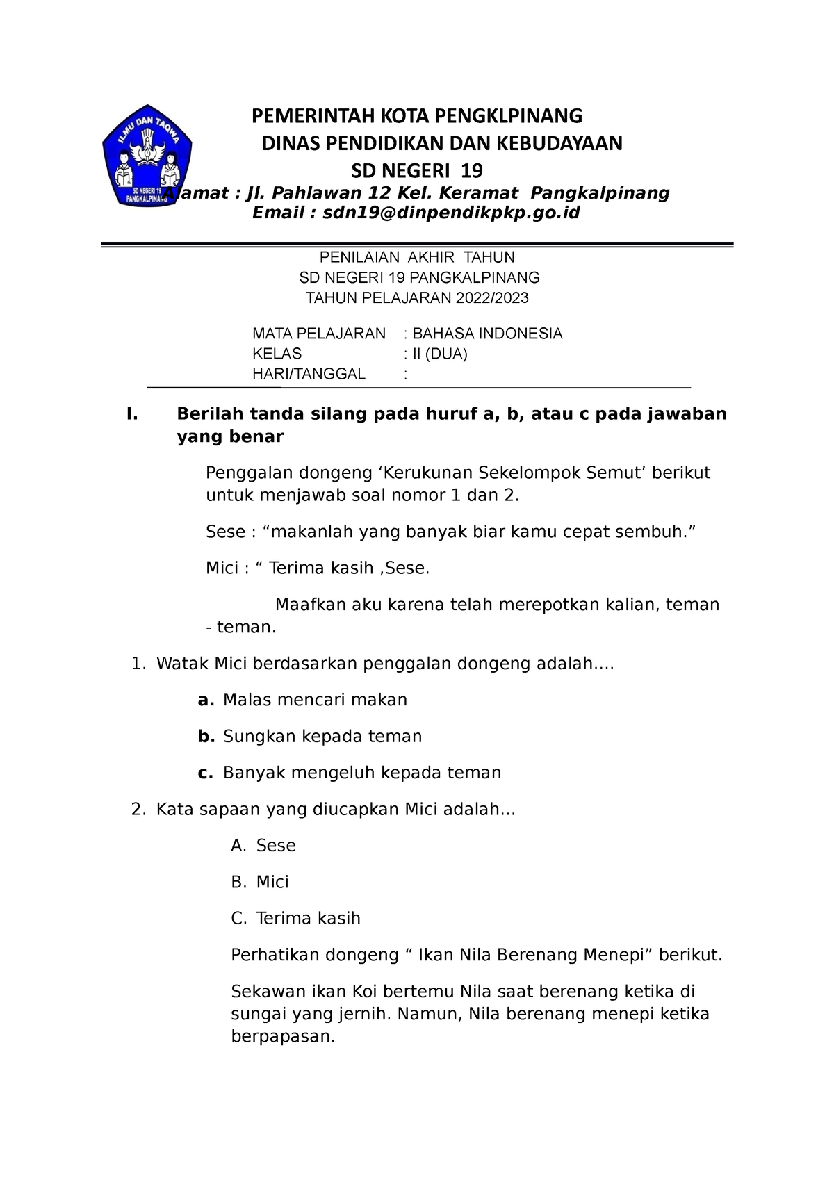 Soal Bahasa Pts 2 - Soal Ulangan Akhir Semester 2 - PEMERINTAH KOTA ...