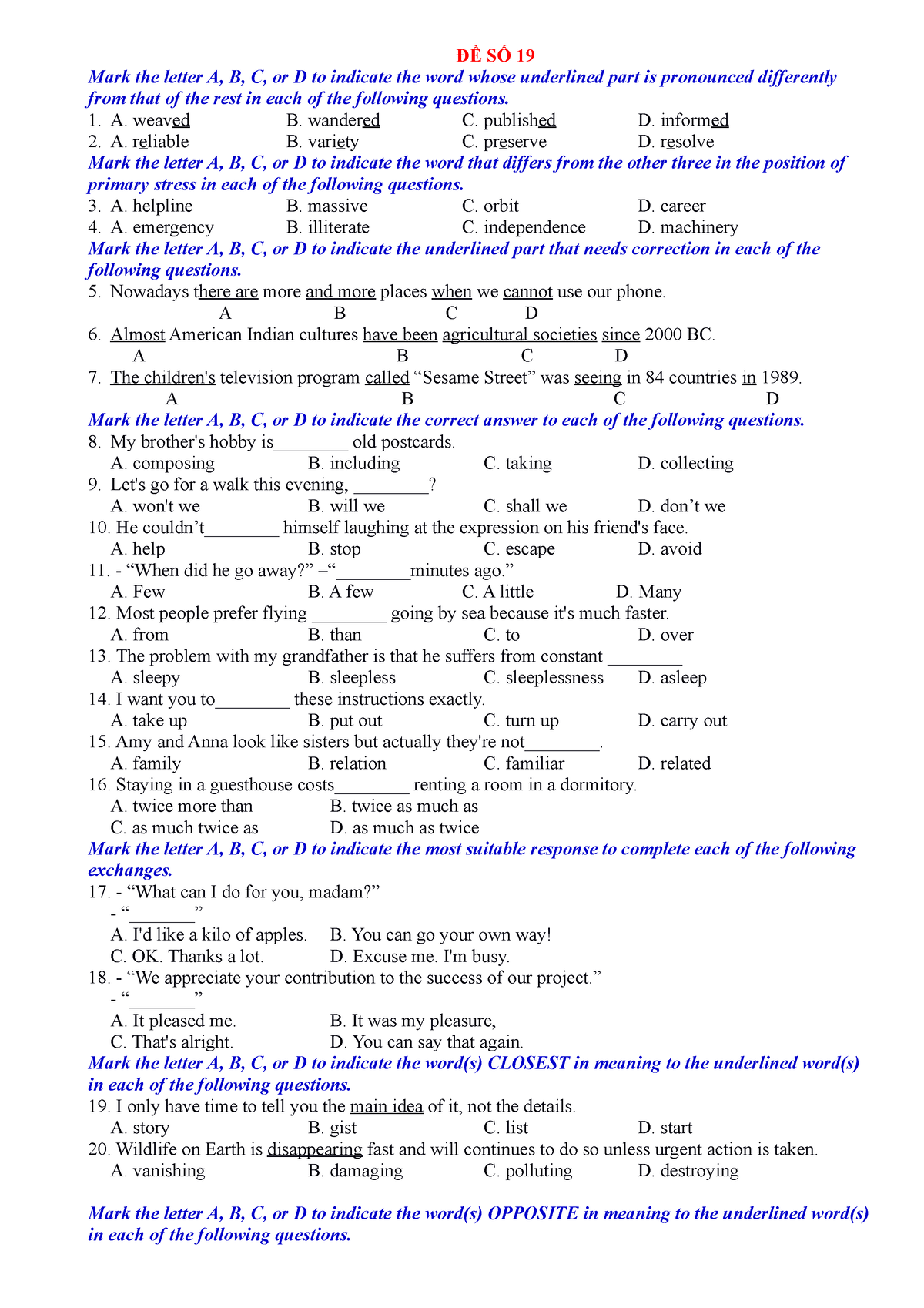 Đề Số 19 - Nbklnkl - ĐỀ SỐ 19 Mark The Letter A, B, C, Or D To Indicate ...