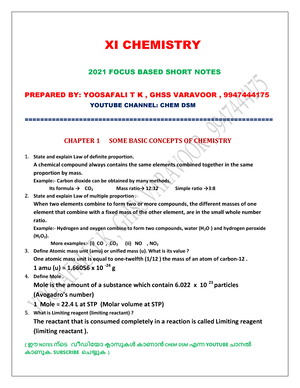 XI Chemistry Short Focus 2021 BY Yoosafali T K - XI CHEMISTRY 2021