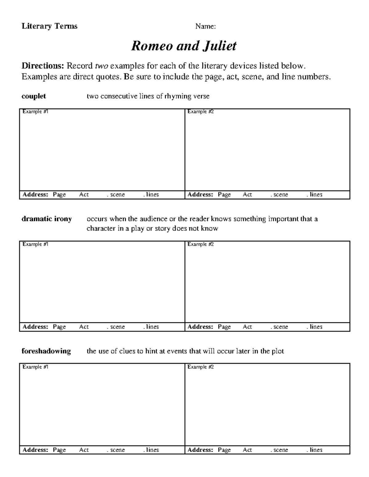Literary Terms English Literary Terms Name Romeo and Juliet