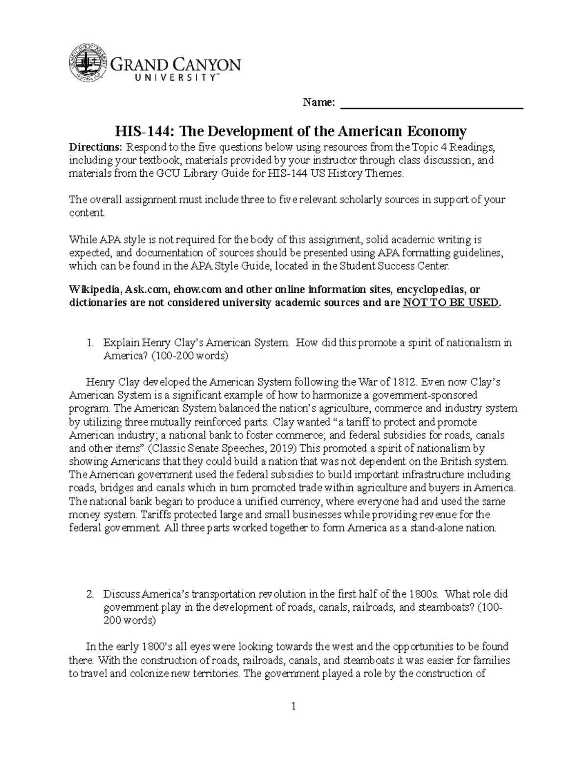 HIS-144 Topic 4 - Name: HIS-144: The Development Of The American ...