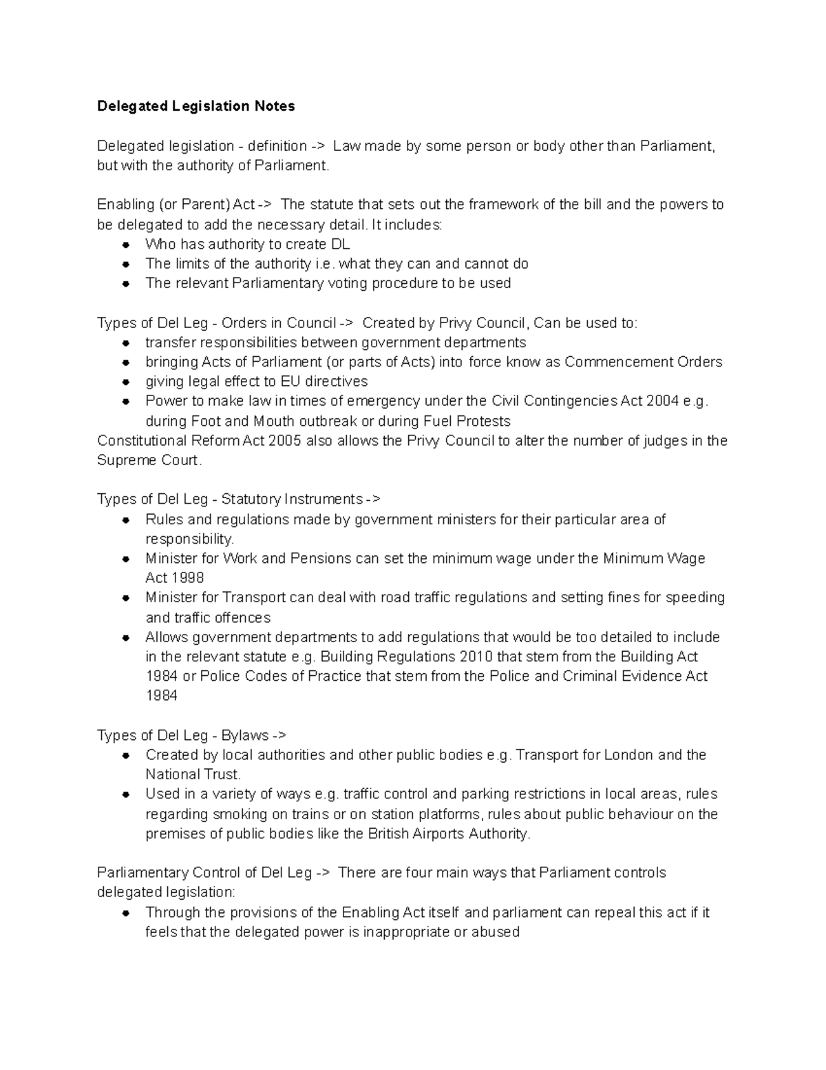 Delegated Leglislation Notes - Delegated Legislation Notes Delegated ...