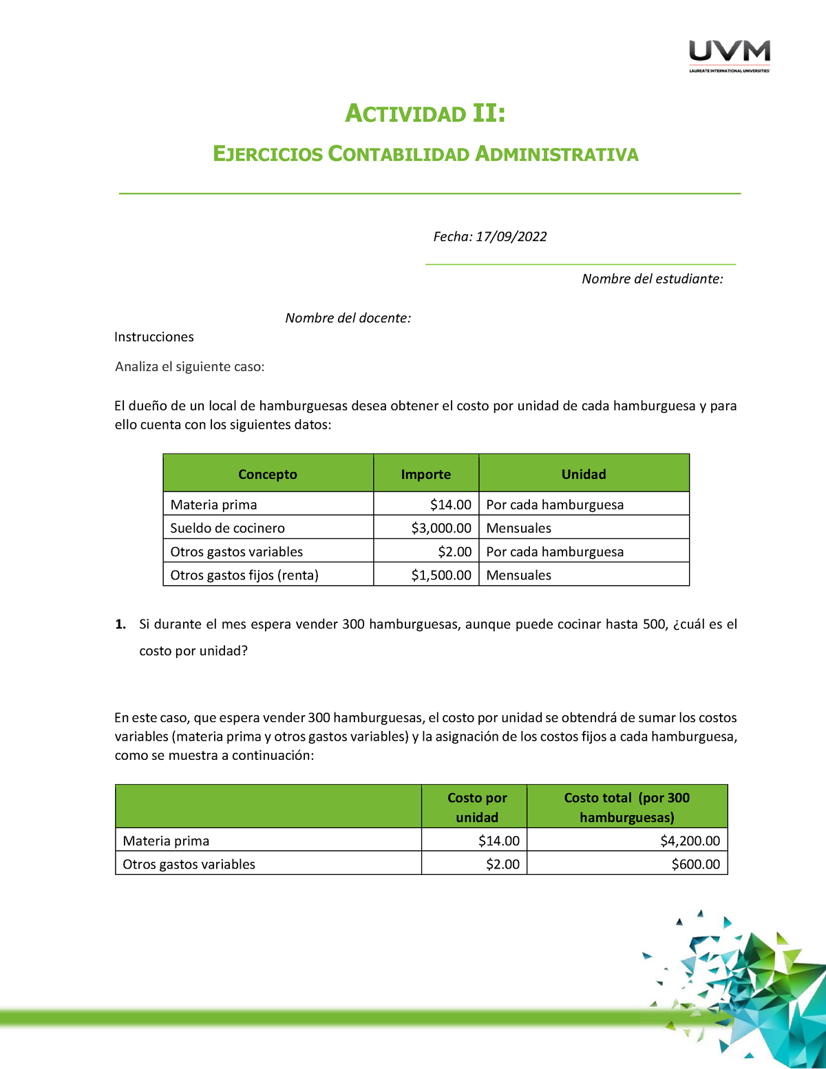 A2 Ejercicios Contabilidad Administrativa - ACTIVIDAD II: EJERCICIOS ...