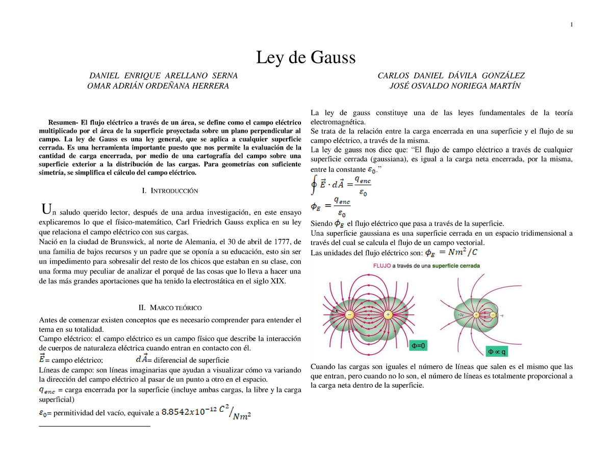 Ley De Gauss - Resumen- El Flujo Eléctrico A Través De Un área, Se ...