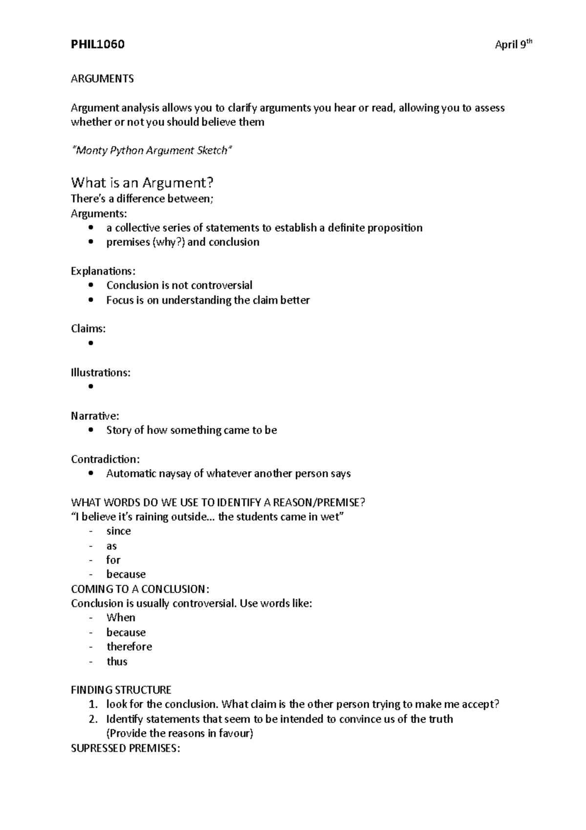 Arguments 6 - Lecture notes 6 - PHIL1060 April 9th ARGUMENTS Argument ...