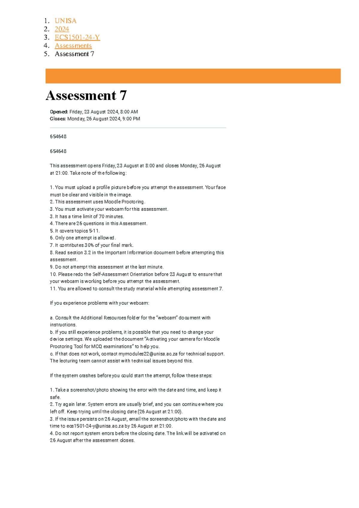 ECS1501 assignment 7 Memo 2024 - Opened: Friday, 23 August 2024, 8:00 ...
