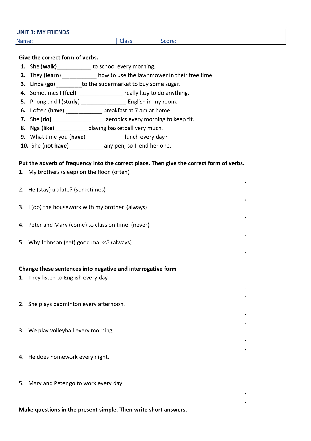 Worksheet 3 - nothing, just do it - UNIT 3: MY FRIENDS Name: | Class ...