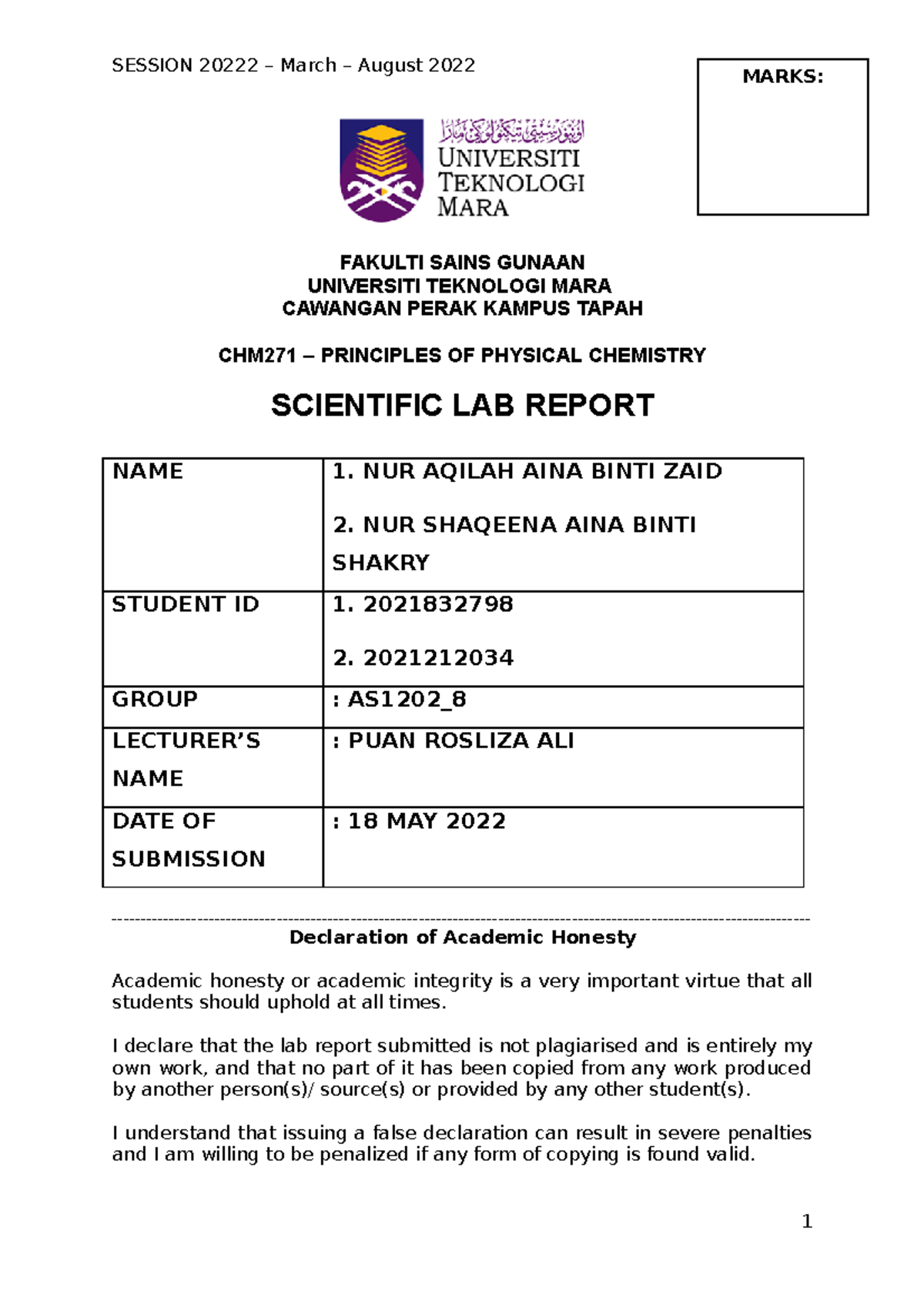 CHM271 - LAB Report - FAKULTI SAINS GUNAAN UNIVERSITI TEKNOLOGI MARA ...