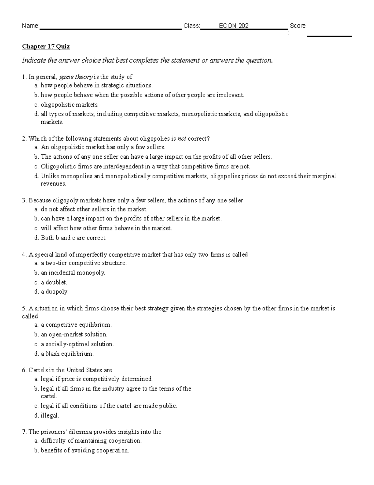 Chapter 17 - Practice Quizzes - Name: Class: ECON 202 Score : Chapter ...