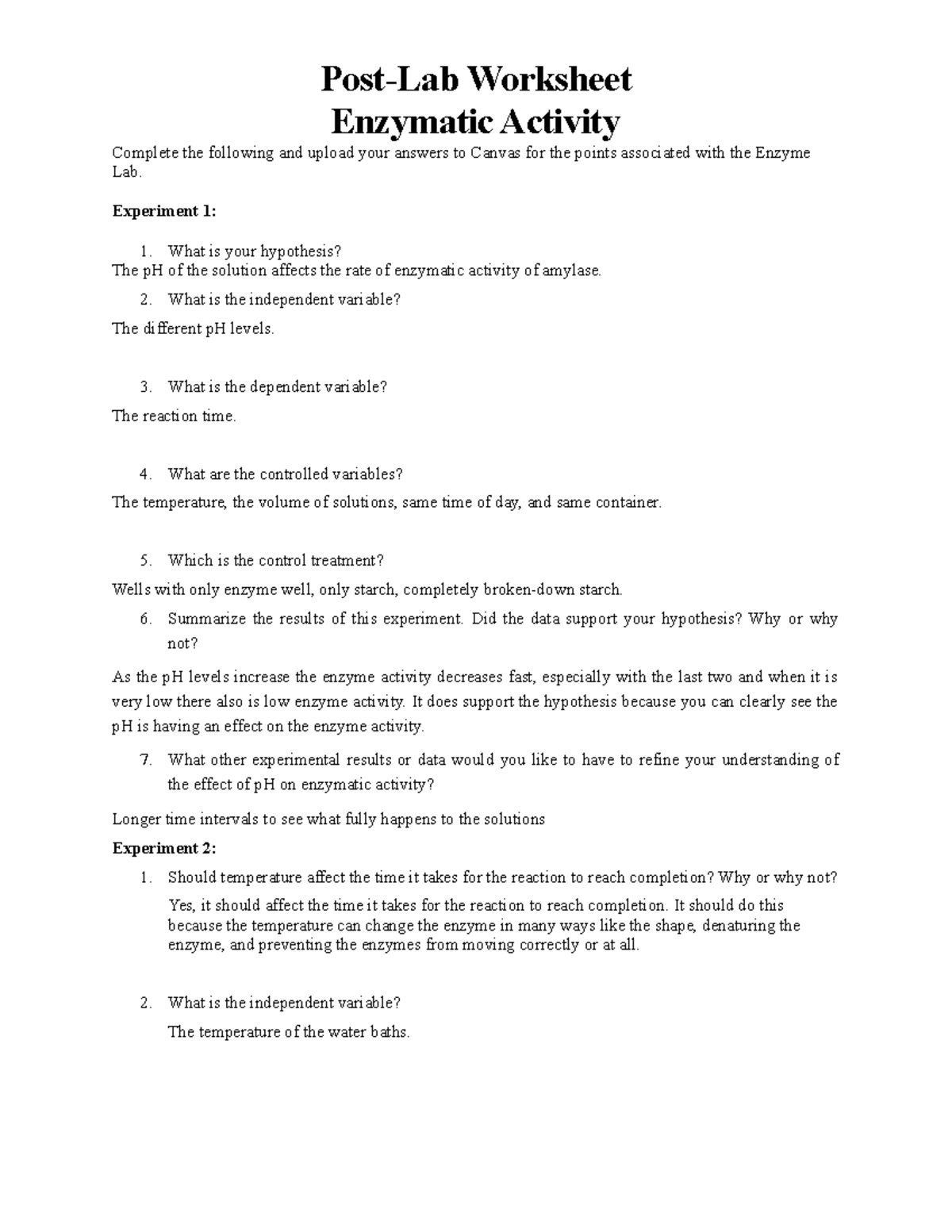 3. Enyme PostLab post lab for enzyme lab PostLab Worksheet