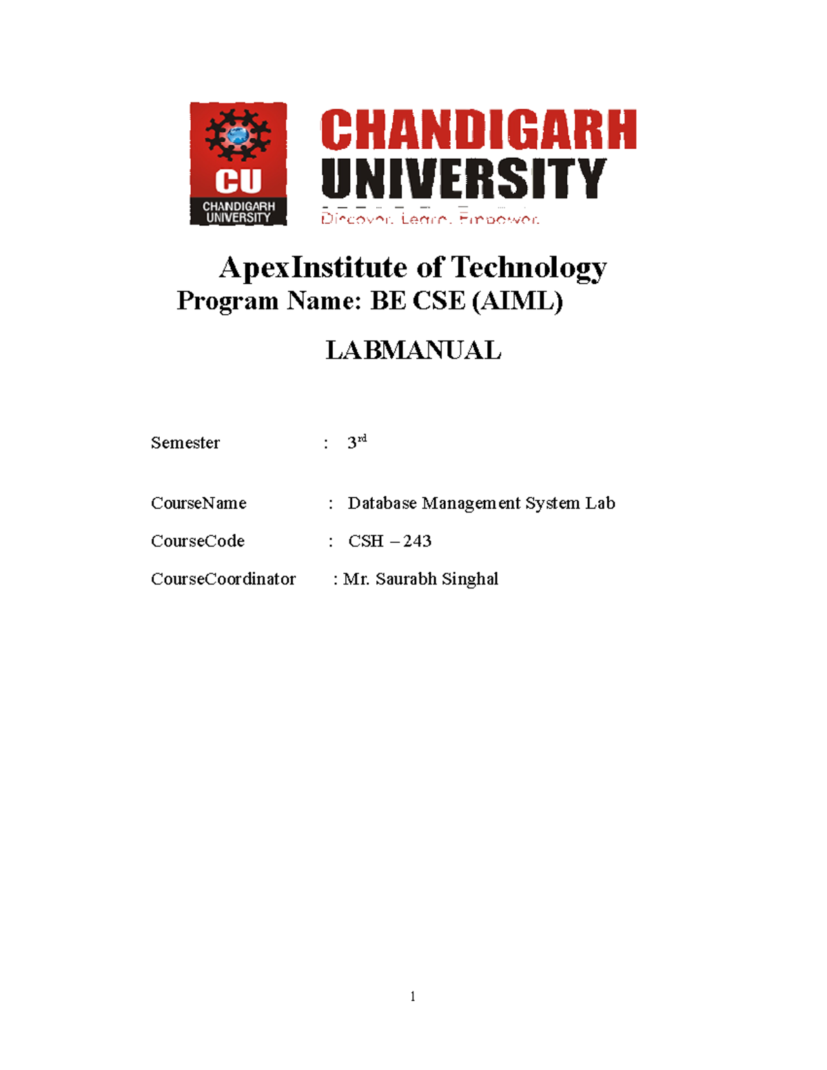 DBMS LAB Manual joy ApexInstitute of Technology Program Name BE