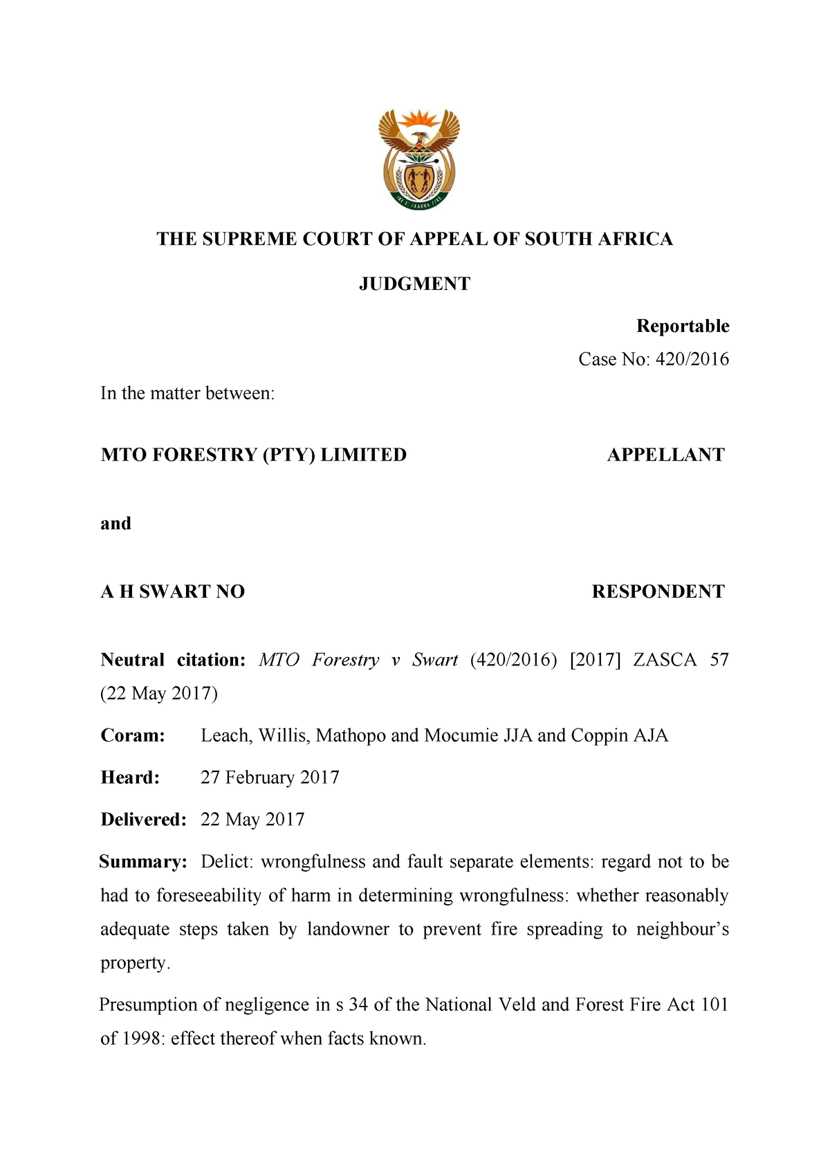 Law of Delict case law Forestry v Swart - THE SUPREME COURT OF APPEAL ...