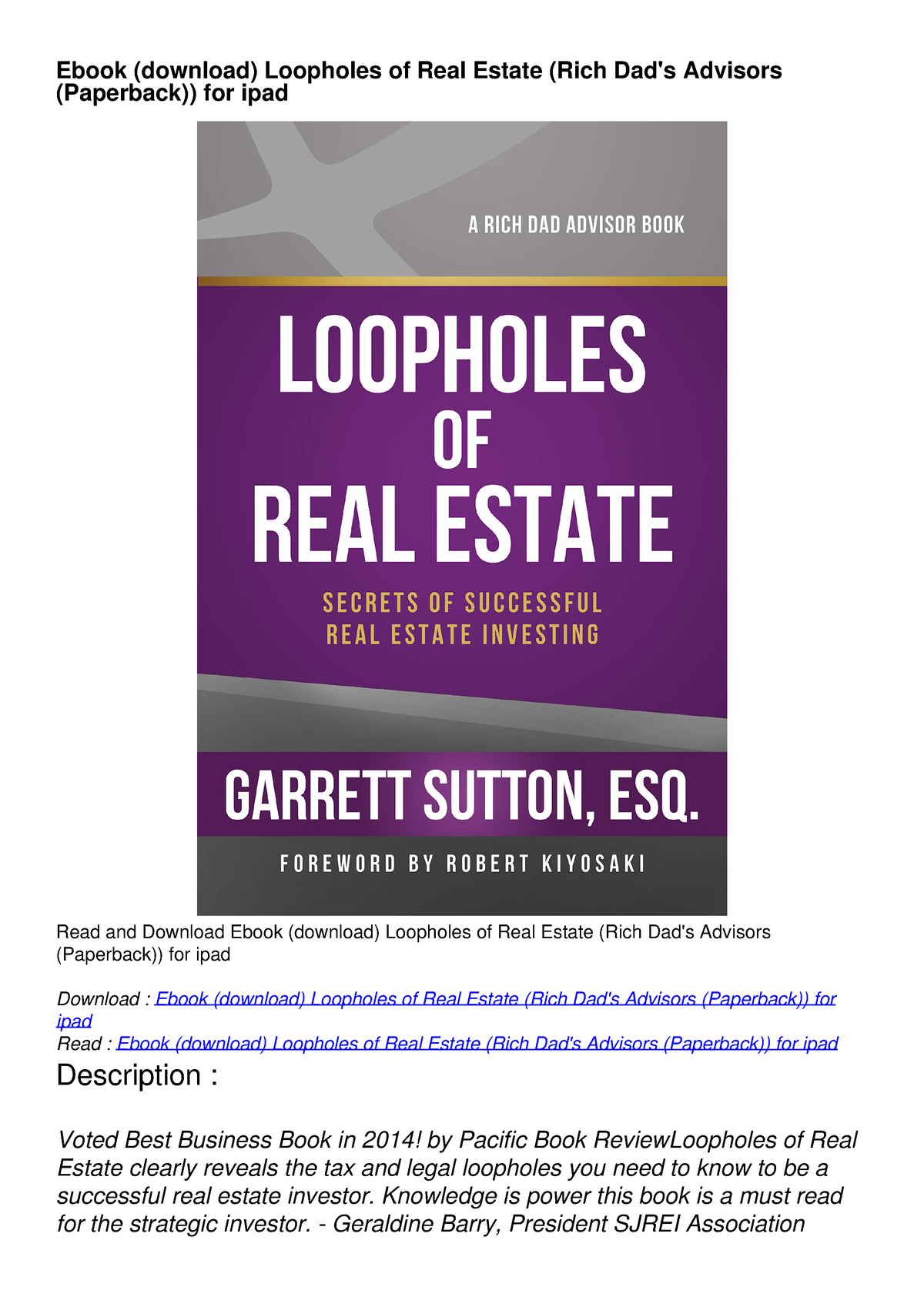 Ebook Download Loopholes Of Real Estate Rich Dads Advisors Paperback For Ipad Knowledge 