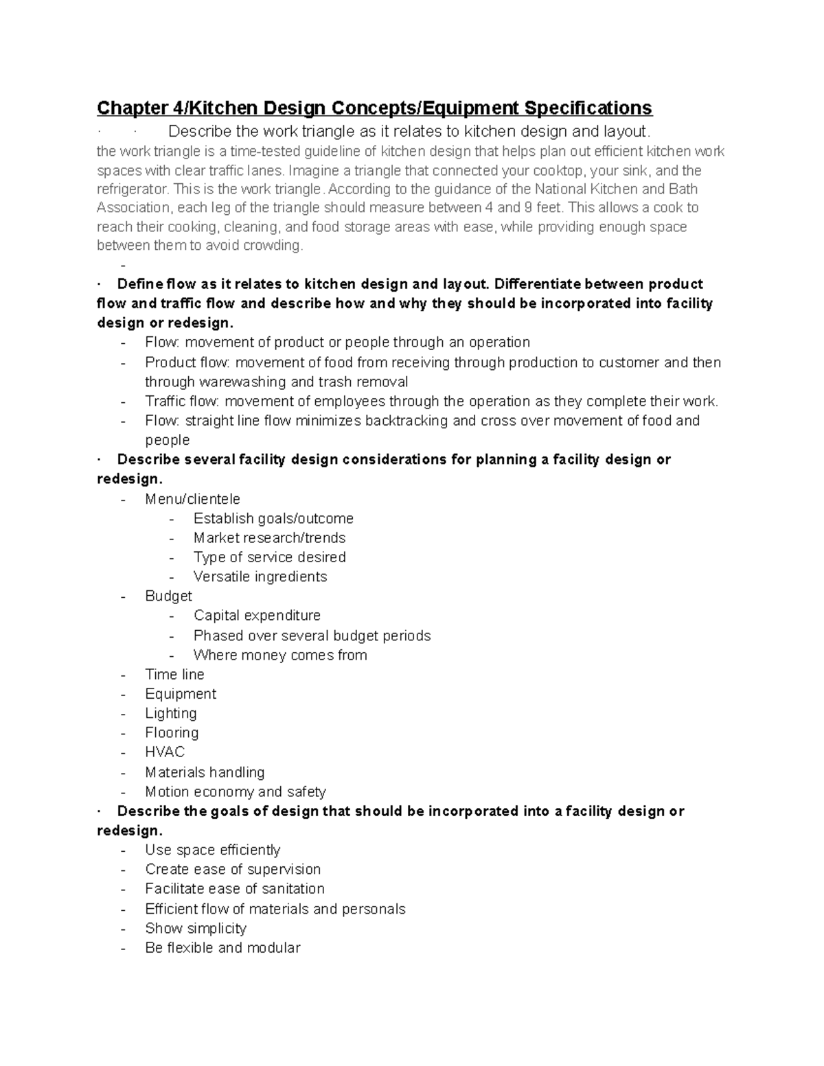 Last exam study guide - Chapter 4/Kitchen Design Concepts/Equipment ...