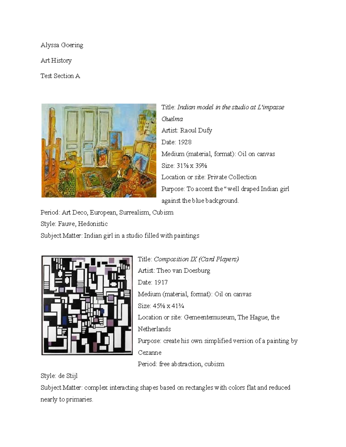 Art History Test Section A Alyssa Goering Art History Test Section