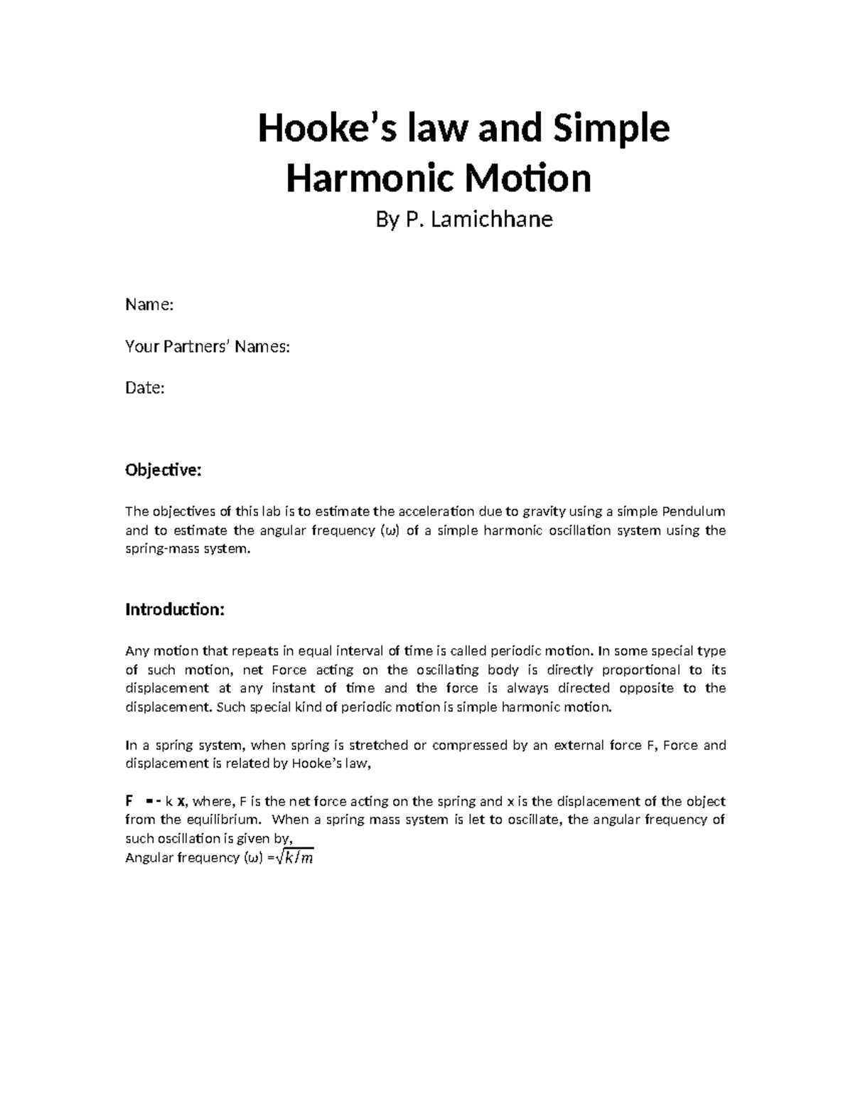 Simple Harmonic Motion-Hookes Law lab(1) - Hooke’s law and Simple ...