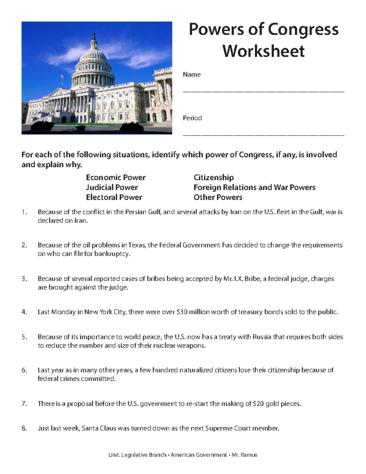 Powers of congress worksheet Powers of Congress Worksheet Name Period