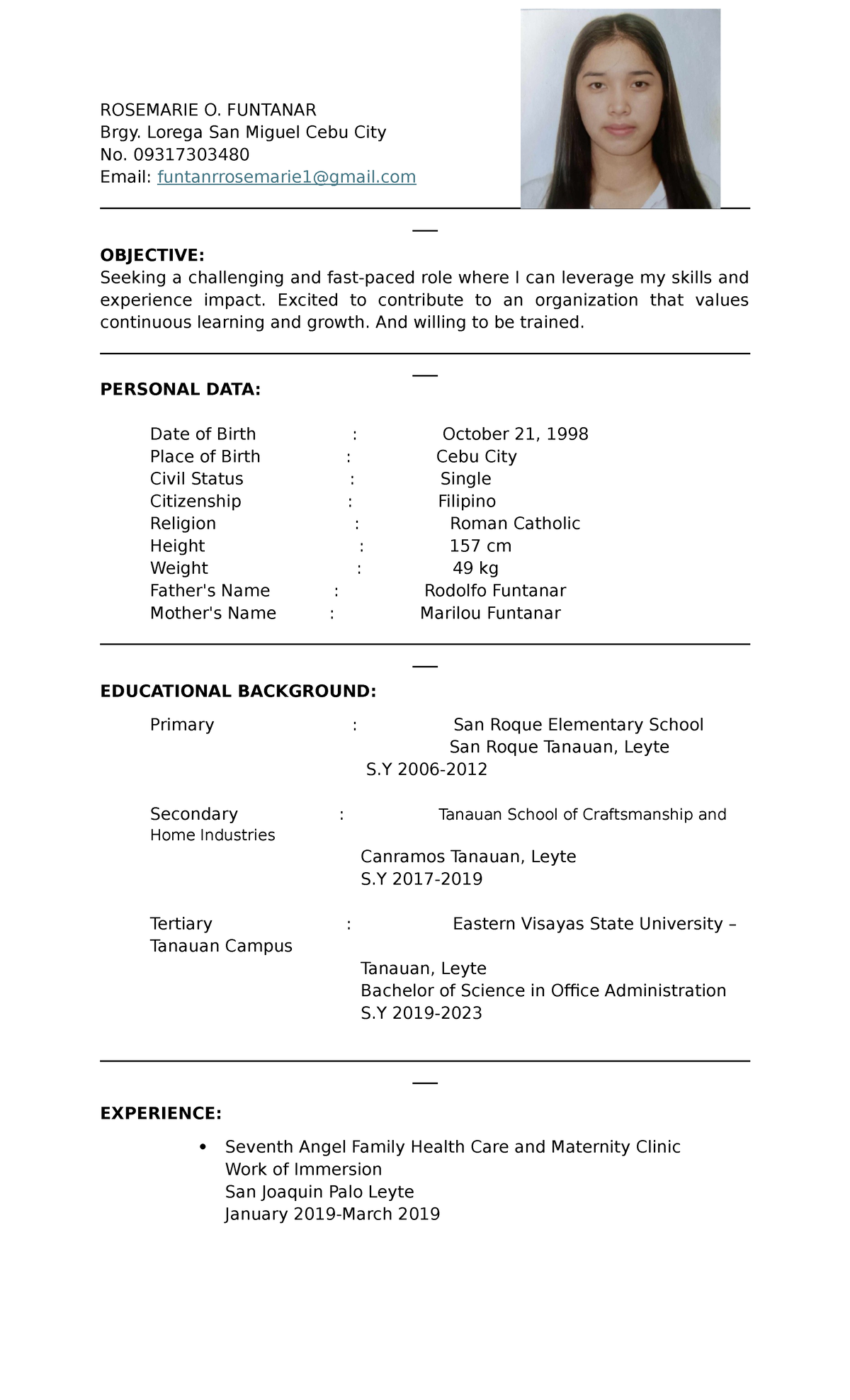 Resumé - Anfjwndnm - ROSEMARIE O. FUNTANAR Brgy. Lorega San Miguel Cebu ...